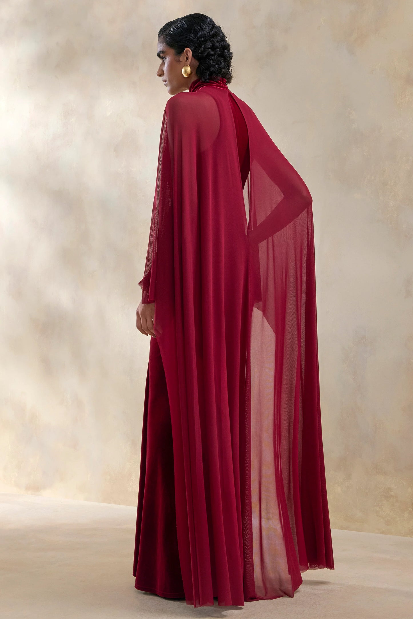 Adoring Burgundy Velvet High-Neck Maxi Dress With Cape
