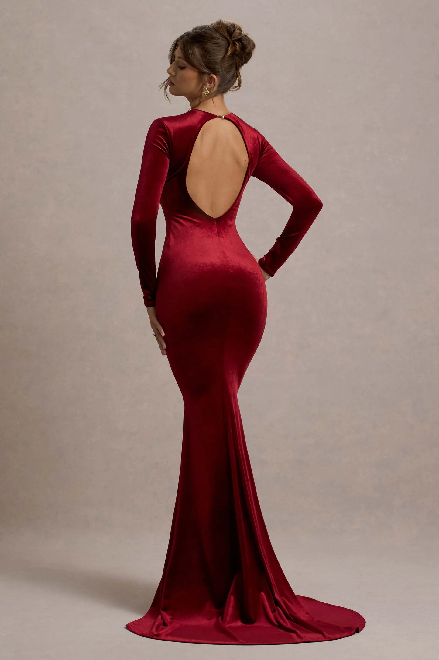 Keaton Berry Velvet Long-Sleeve Open-Back Maxi Dress