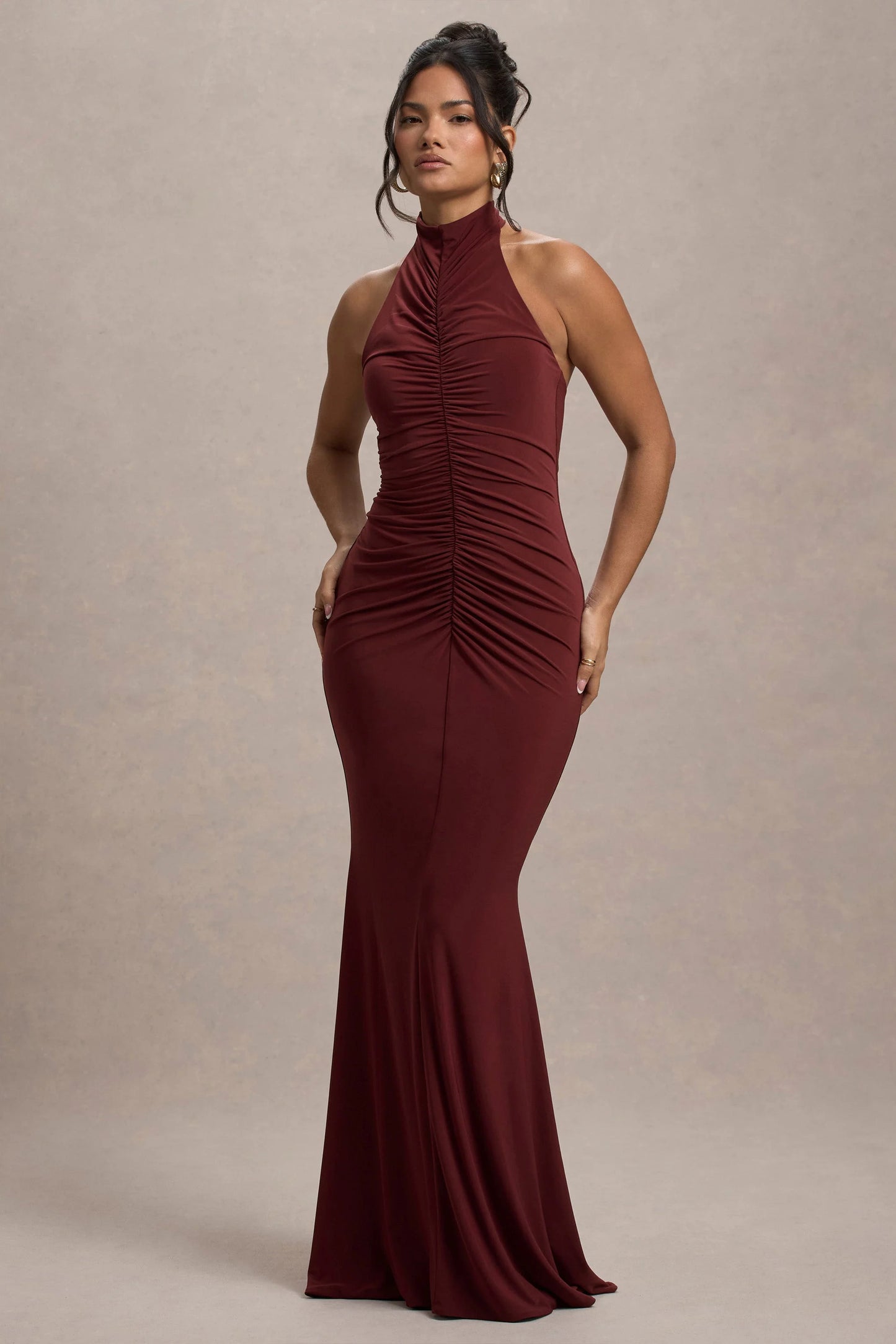 Arietta Port High-Neck Ruched Fishtail Maxi Dress