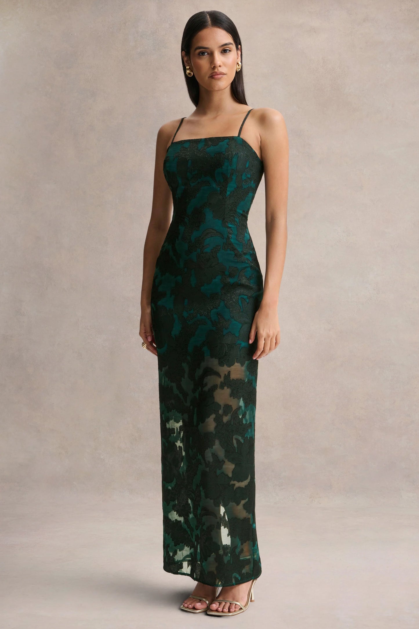 Hada Dark Green Satin Devore Square-Neck Maxi Dress With Removable Twisted-Cape