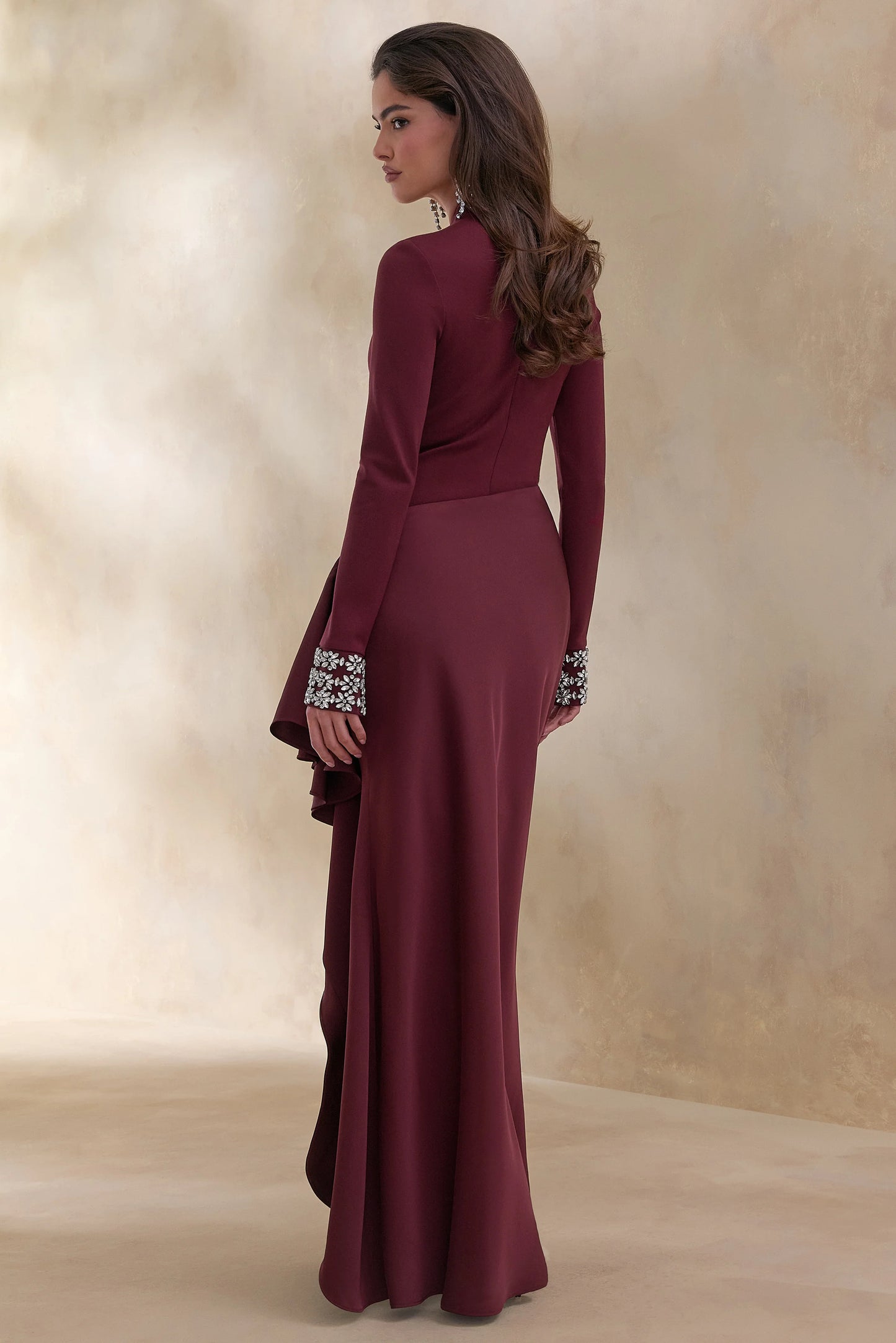 Starred Burgundy Crew-Neck Maxi Dress With Drop-Waist And Satin Wrap-Skirt