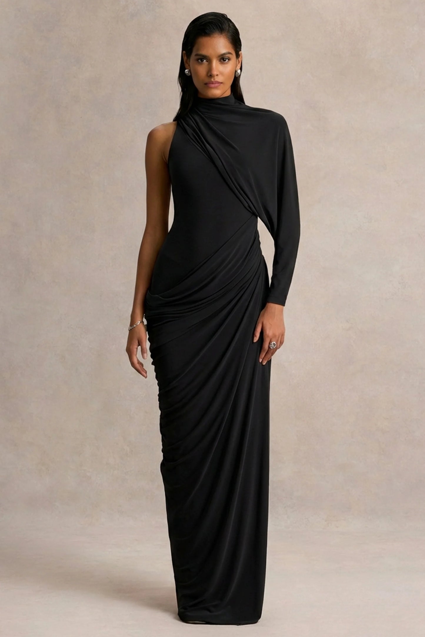 Aphra Black High-Neck Maxi Dress With Cape-Sleeve