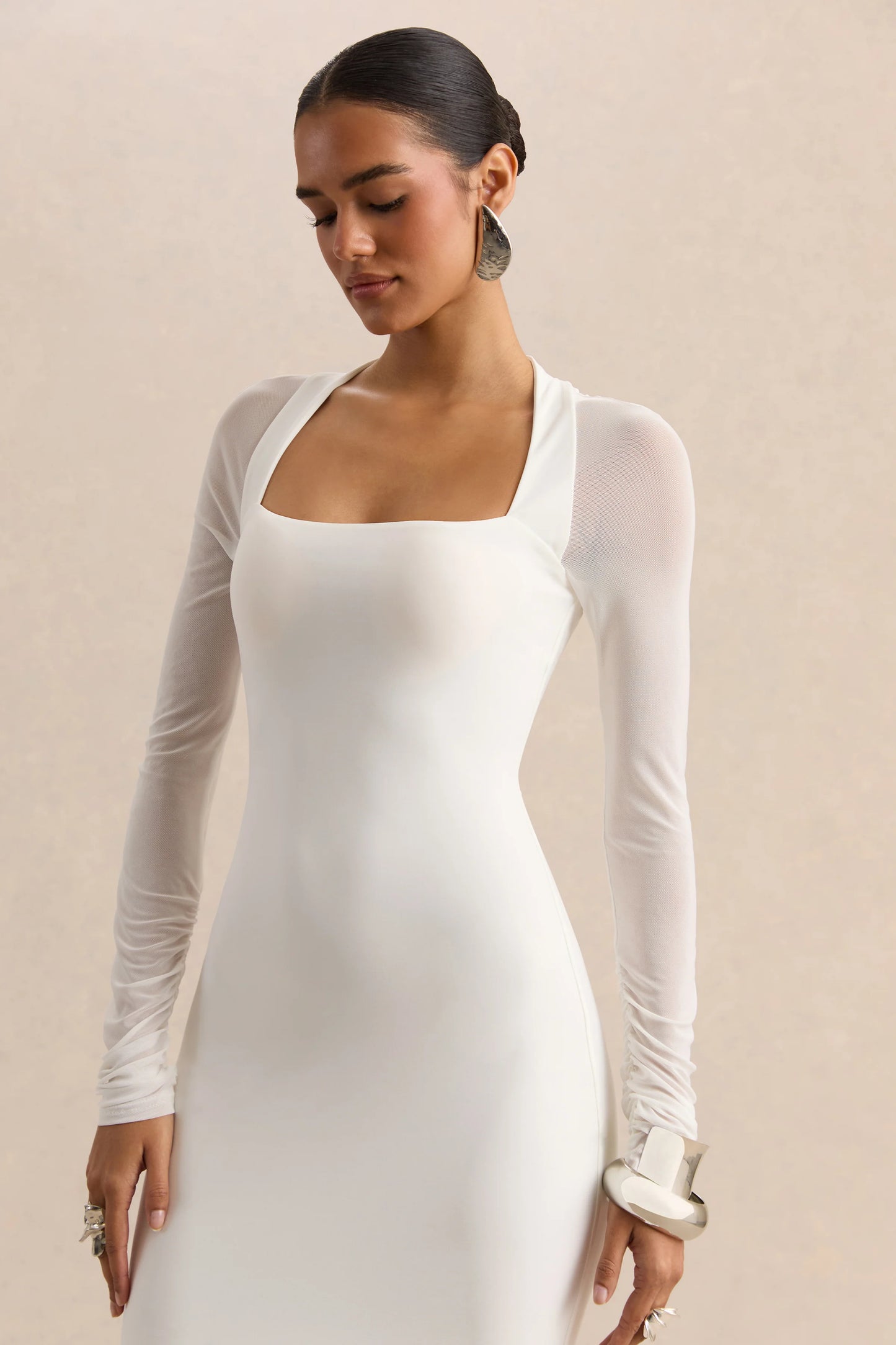 Fleurisia White Square-Neck Maxi Dress With Mesh Long-Sleeves