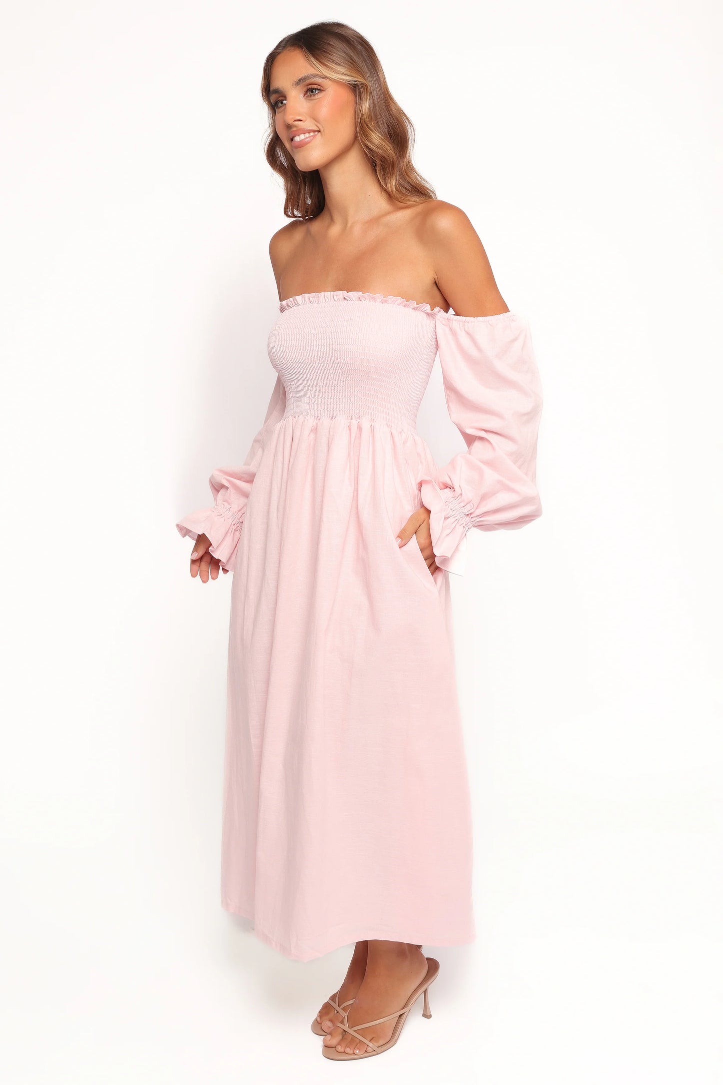 Domenica Shirred Long Sleeve Midi Dress - Pink