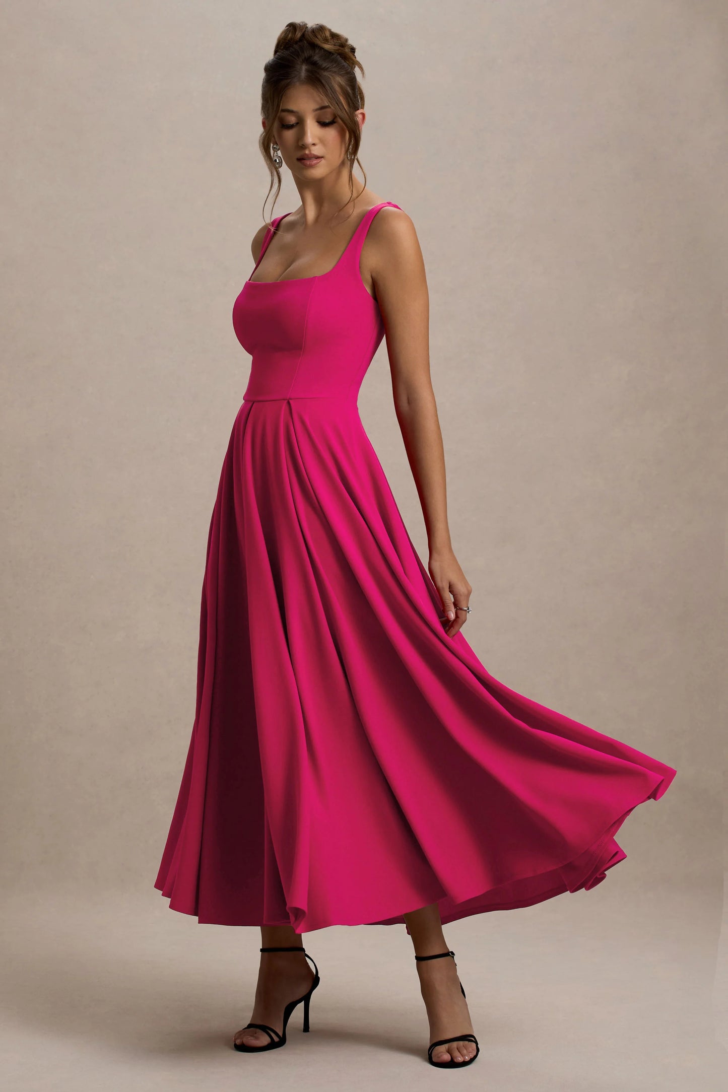Parina Hot Pink Strappy Volume-Hem Midi Dress