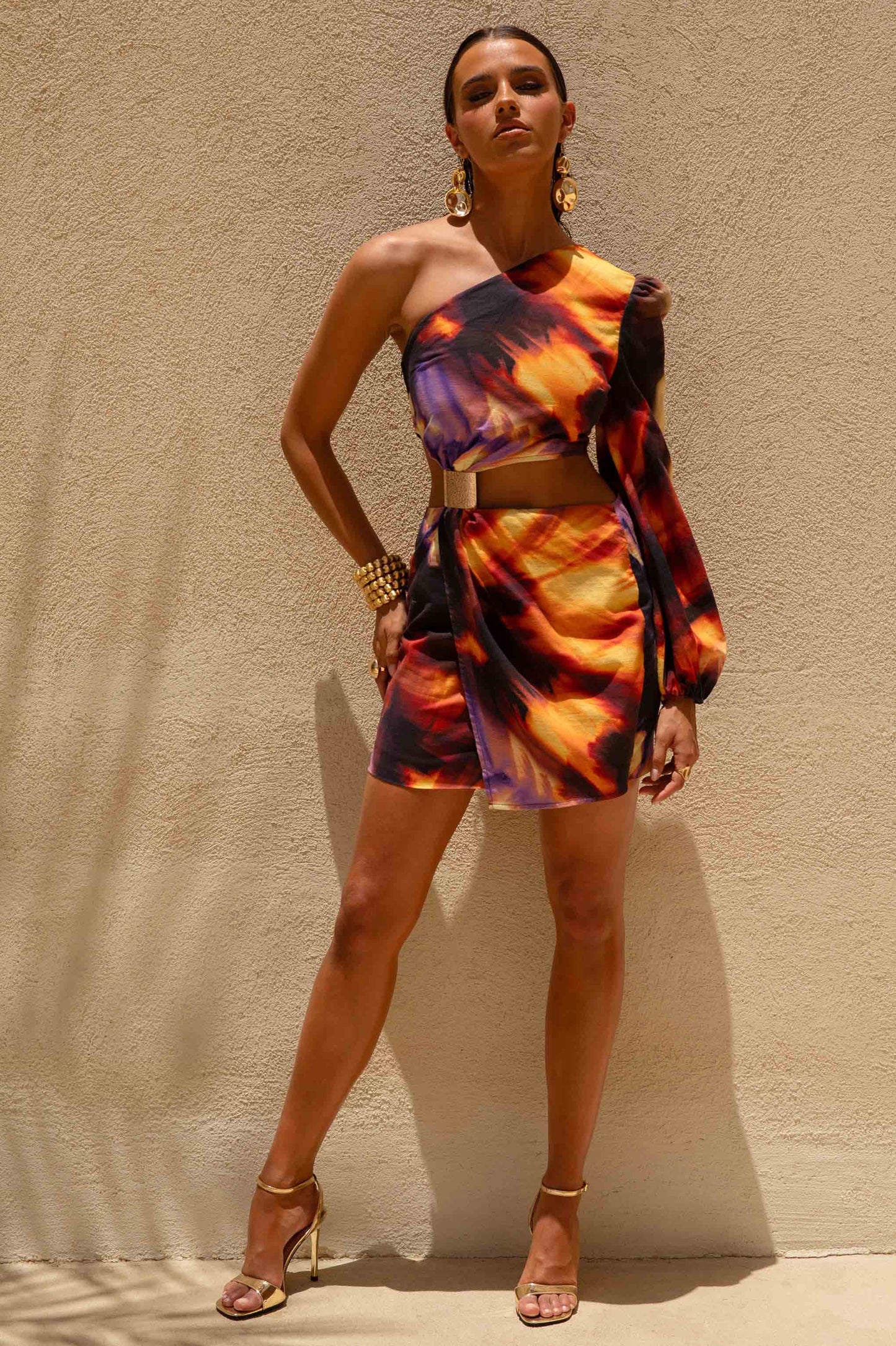 Zen Smoke Print Asymmetric Mini Dress With Cut-Out Detail