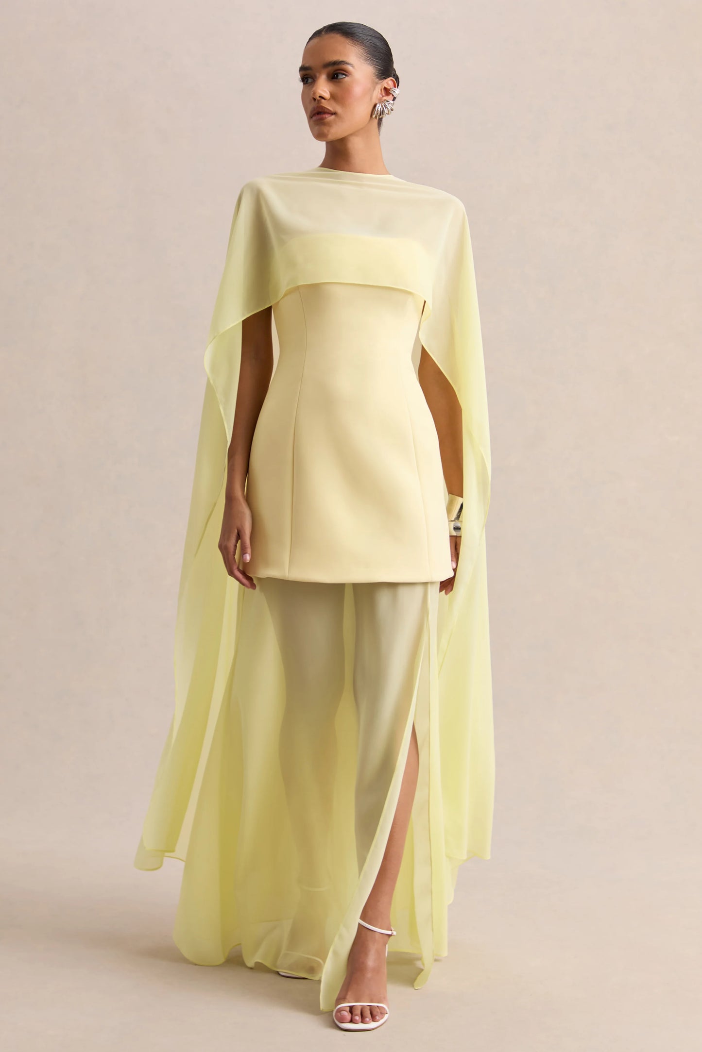 Chessa Lemon Boat-Neck Maxi Dress With Sheer Cape