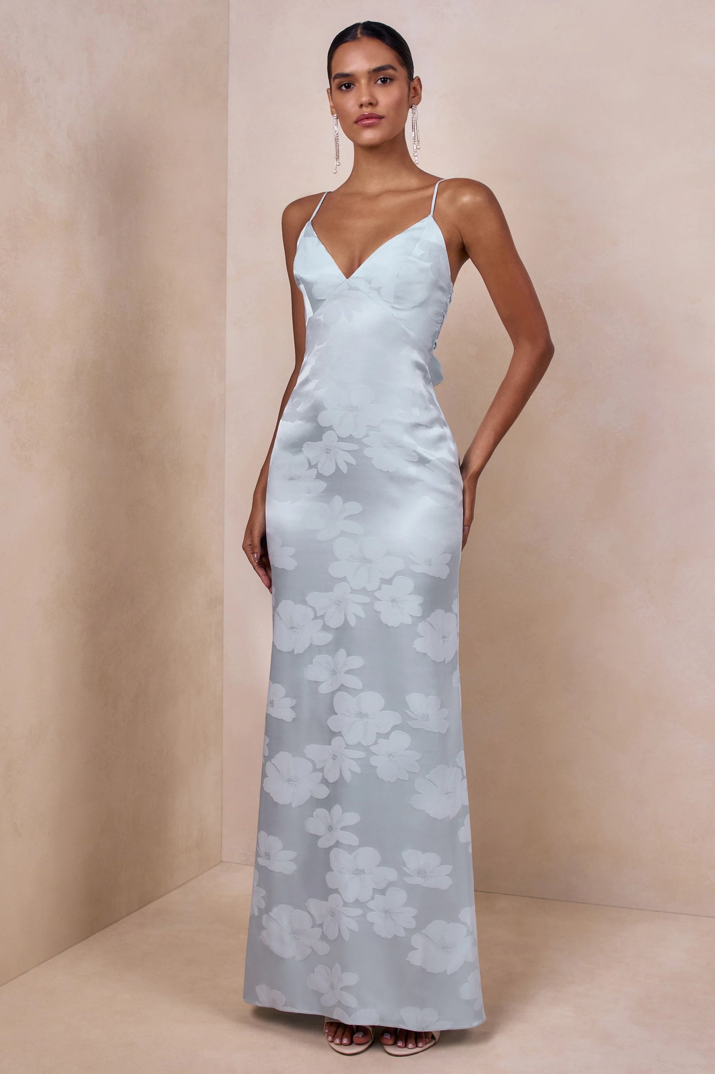 Carelle Powder Blue Satin Plunge-Neck Maxi Dress With Asymmetric Drop-Waist