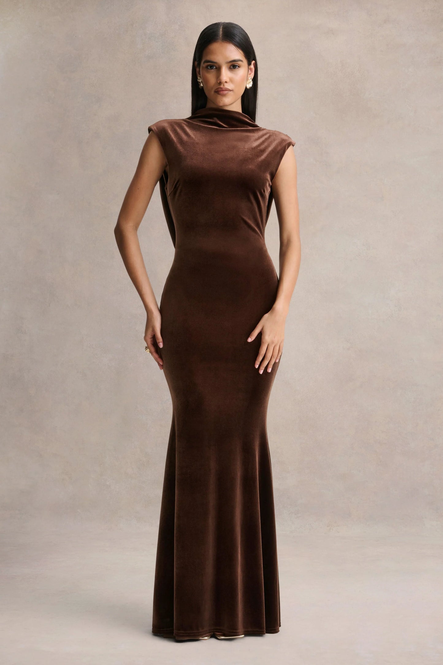 Malora Brown Velvet High-Neck Maxi Dress With Open-Back