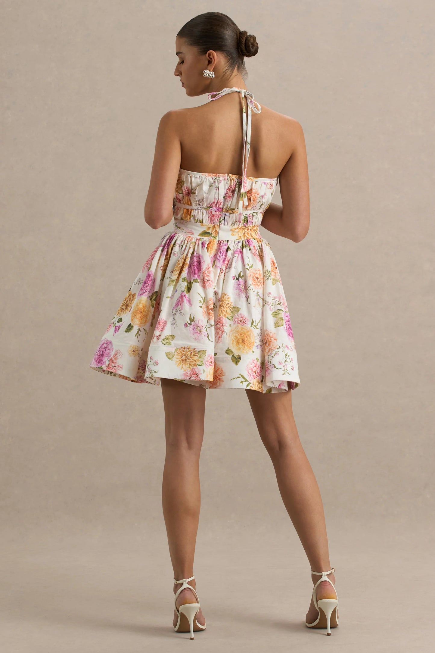 Kasey Cream Floral Print Halter-Neck Mini Dress With Ruffle Detail