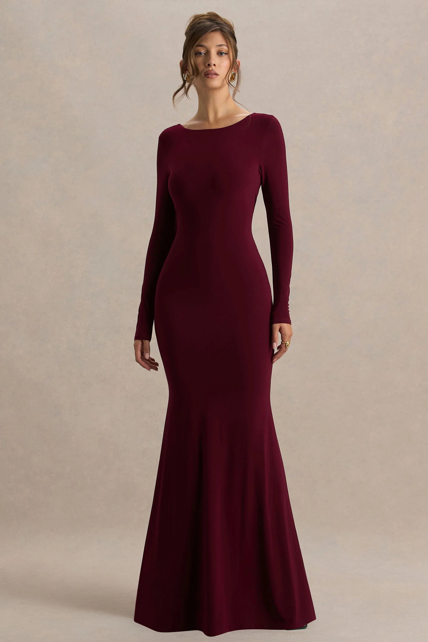 Estelle Burgundy Boat-Neck Maxi Dress With Open-Back And Lace Detail
