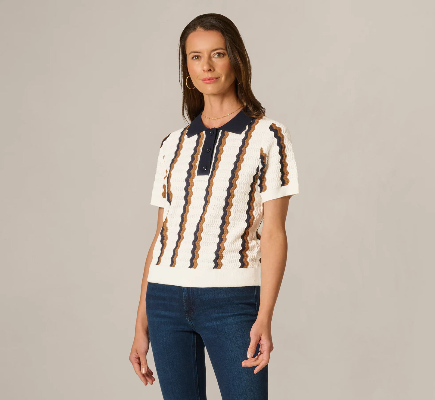 Open Knit Pointelle Scalloped Polo Sweater In Ivory Navy Camel