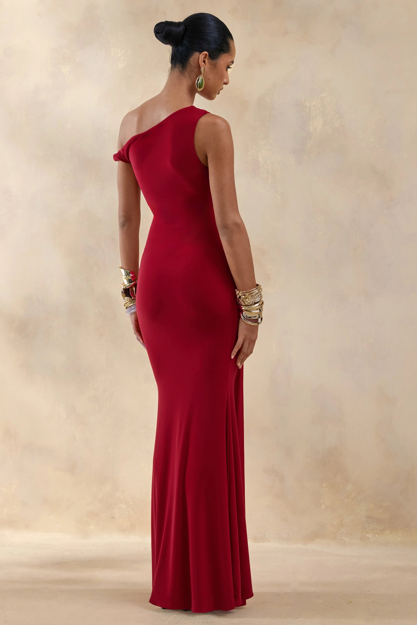 Caelia Red Asymmetric-Neck Maxi Dress With Gold-Detailing And Sash
