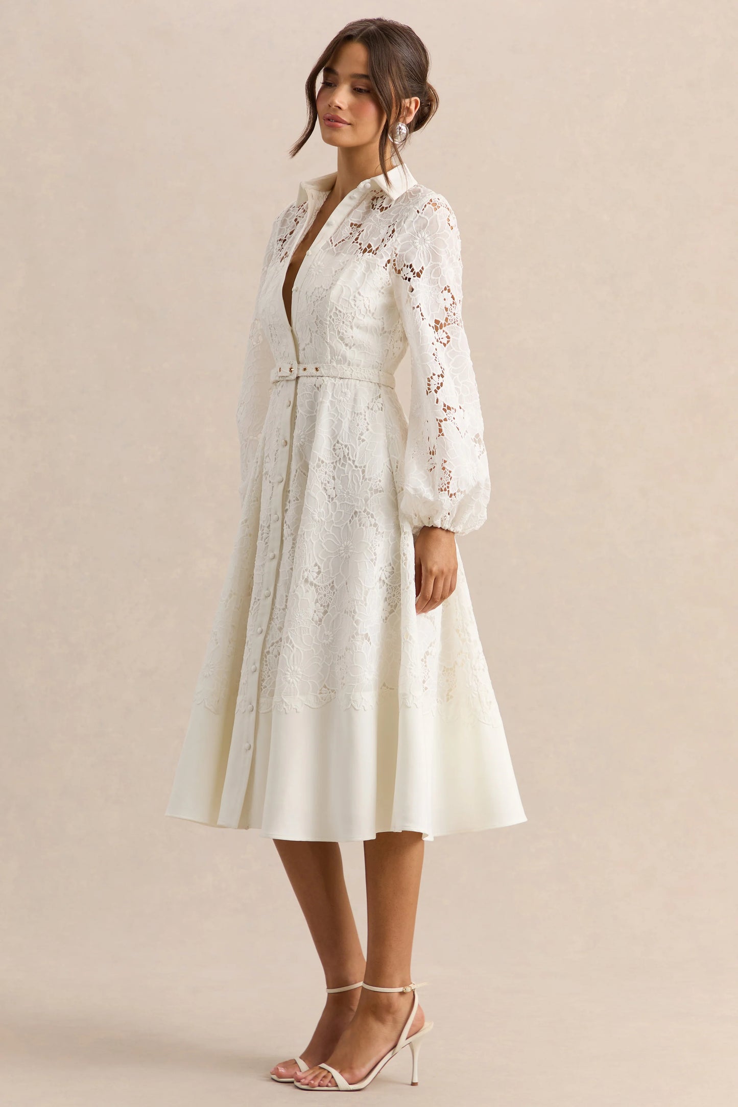 Jules Cream Broderie High-Neck Tailored Midi Dress With Puff-Sleeves