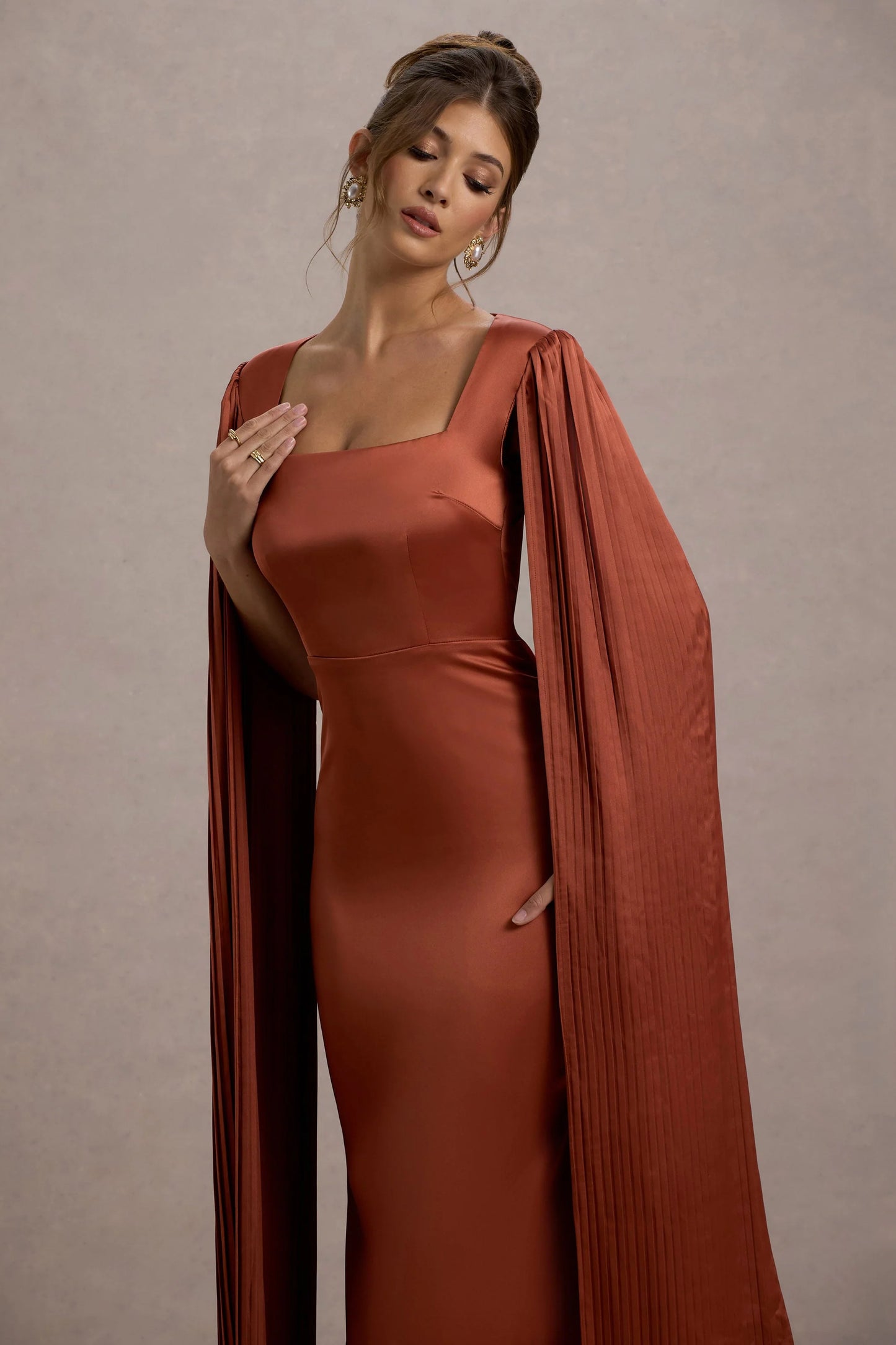 Saloma Rust Satin Square-Neck Maxi Dress With Cape Sleeves