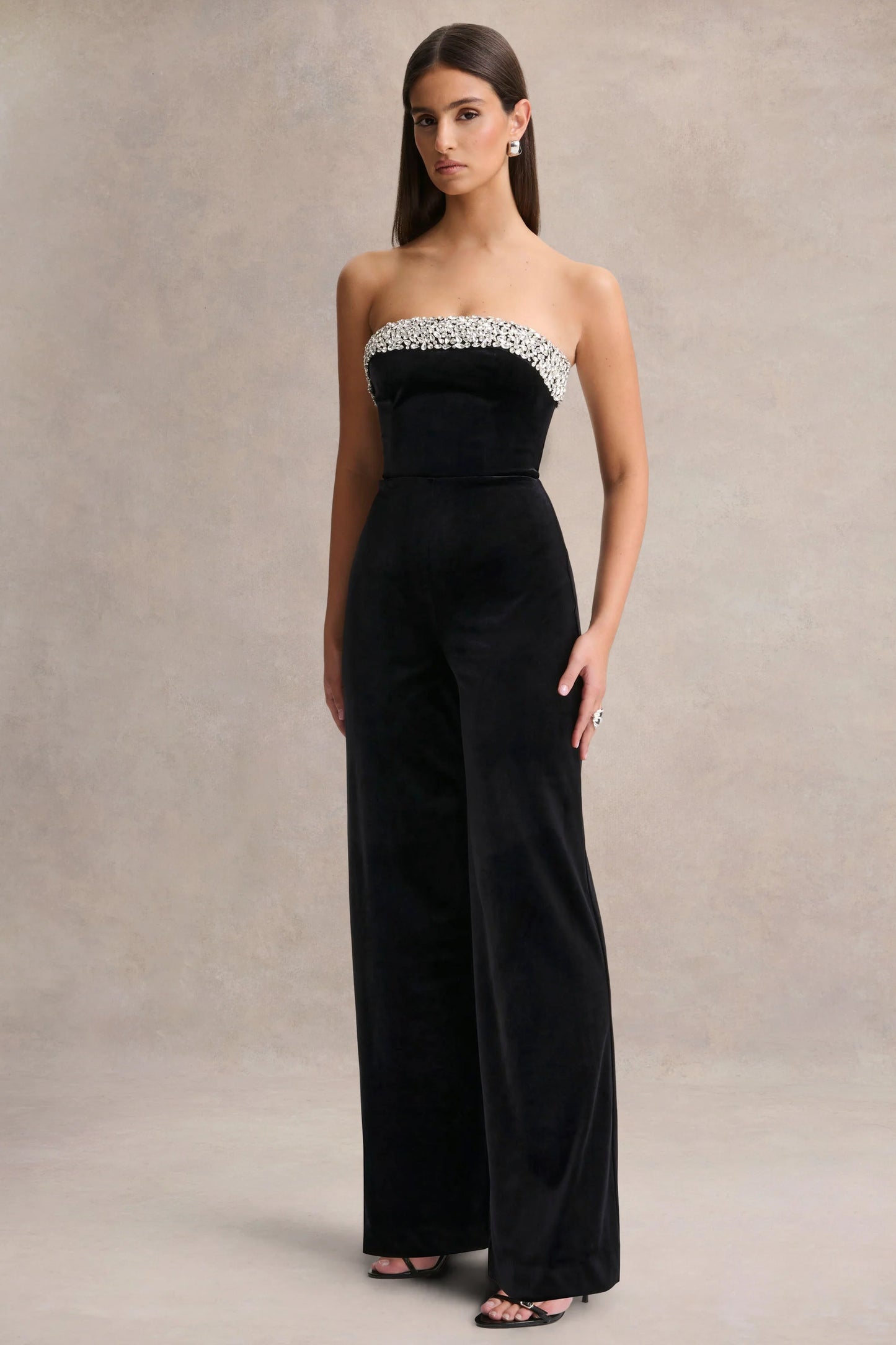 Emelie Black Velvet Hand-Embellished Bandeau Jumpsuit