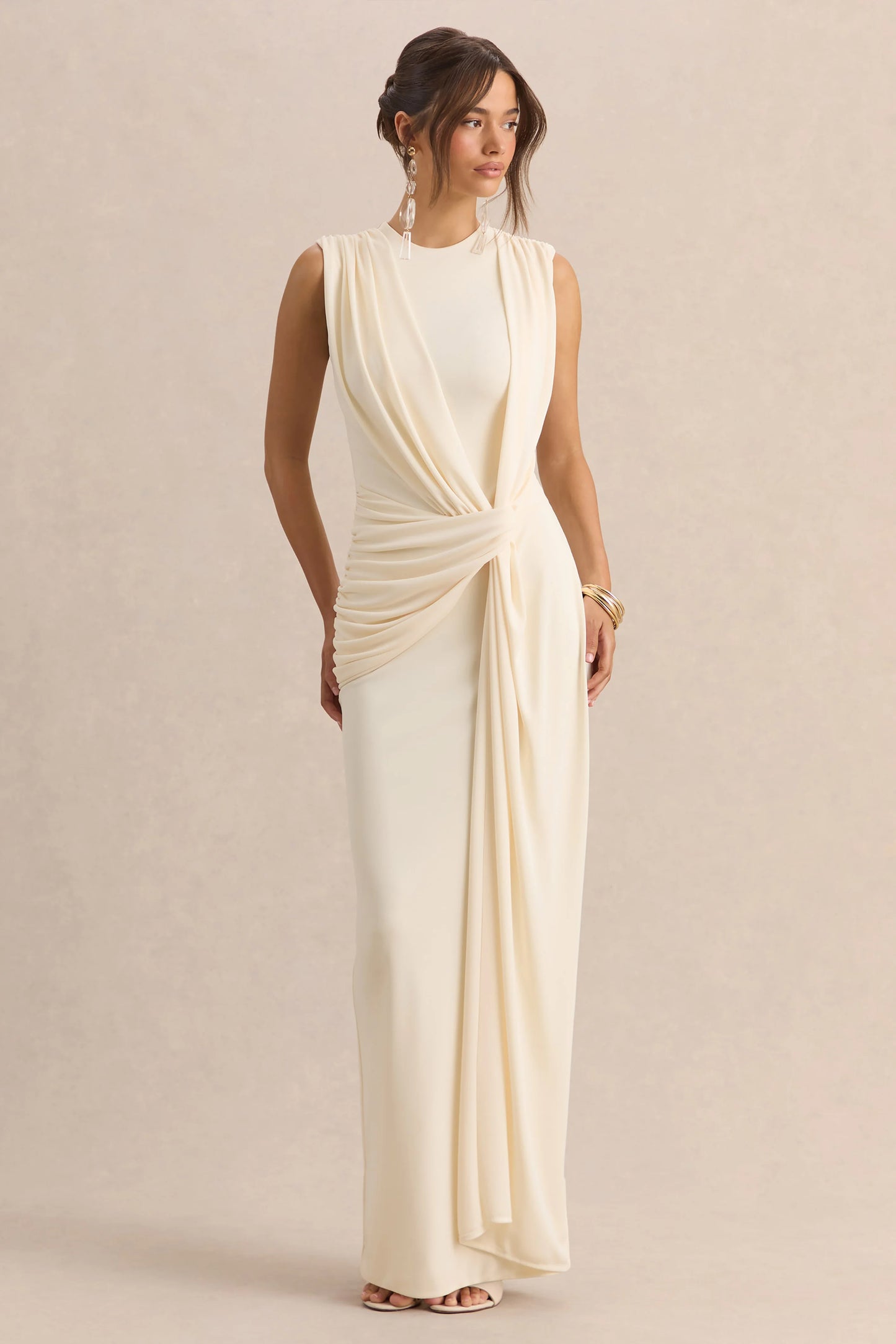 Blythia Cream Round-Neck Maxi Dress With Gathered-Detailing