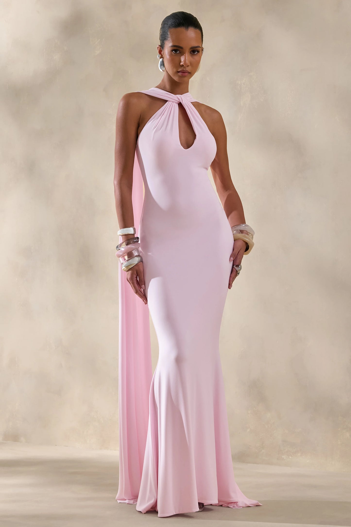 Rhoda Light Pink Twist Halter-Neck Cape Maxi Dress