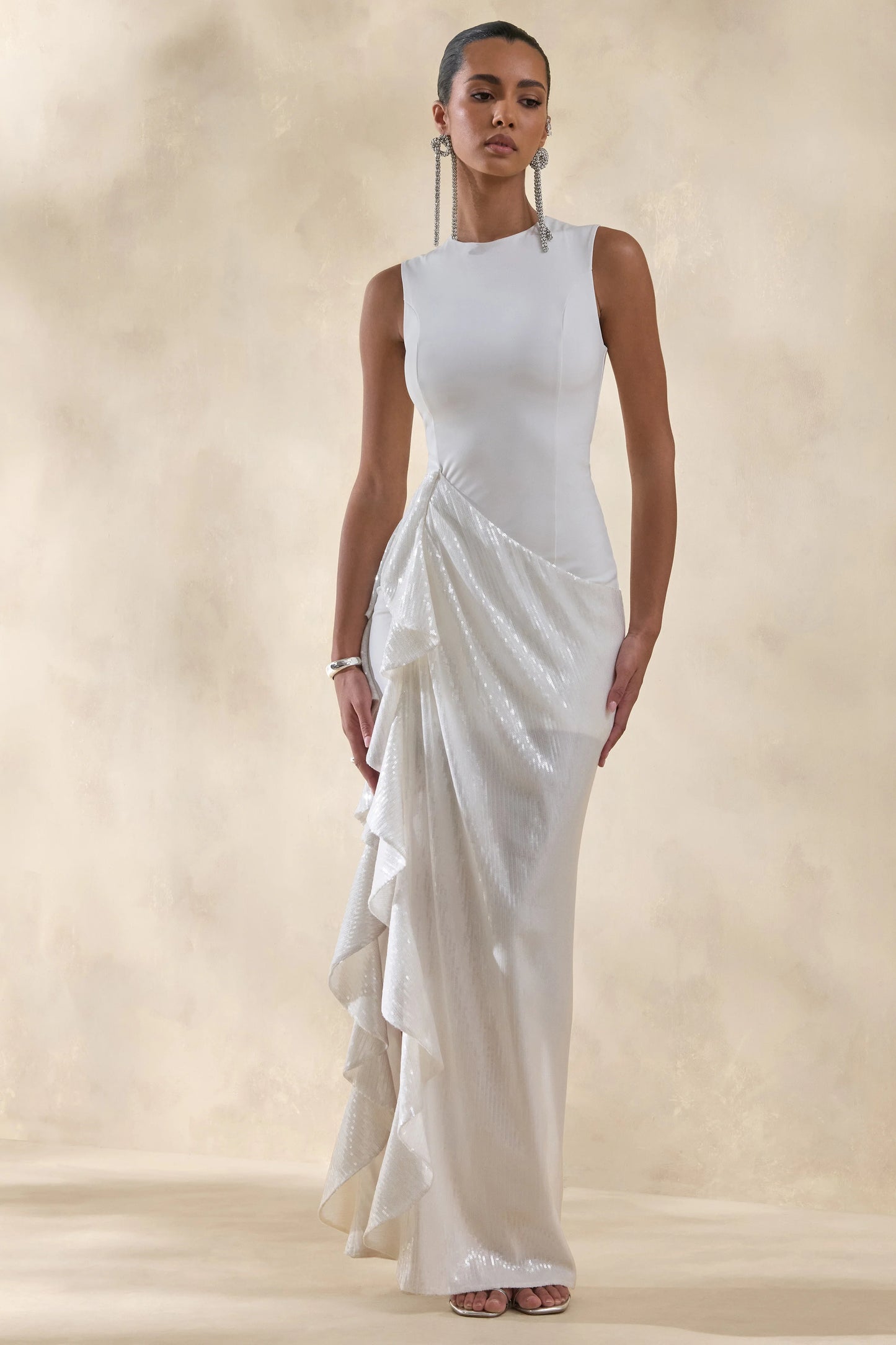 Ada White Crew-Neck Maxi Dress With Sheer Skirt And Ruffled Detailing
