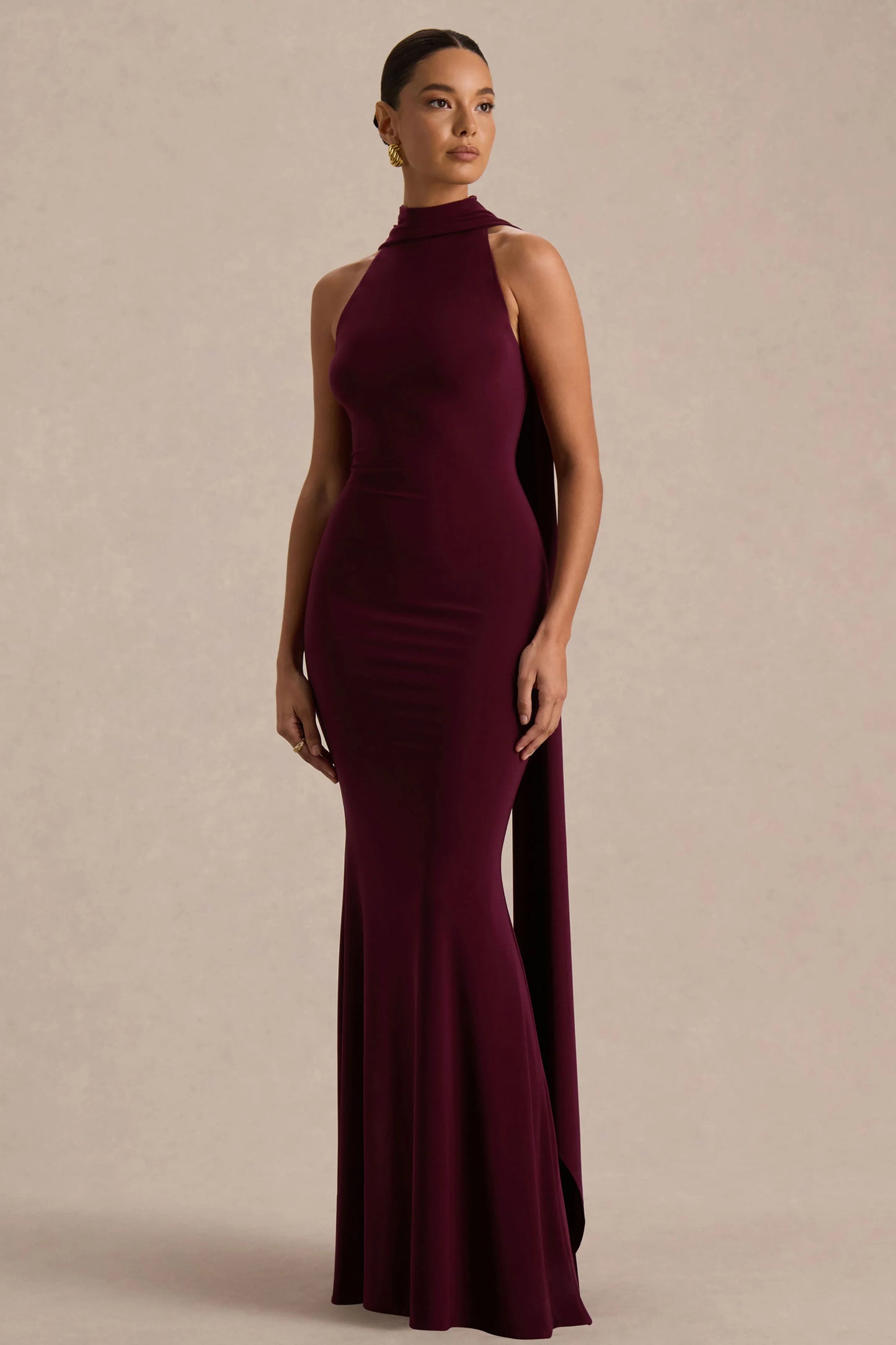 Cordy Burgundy High-Neck Maxi Dress With Scarf-Detail