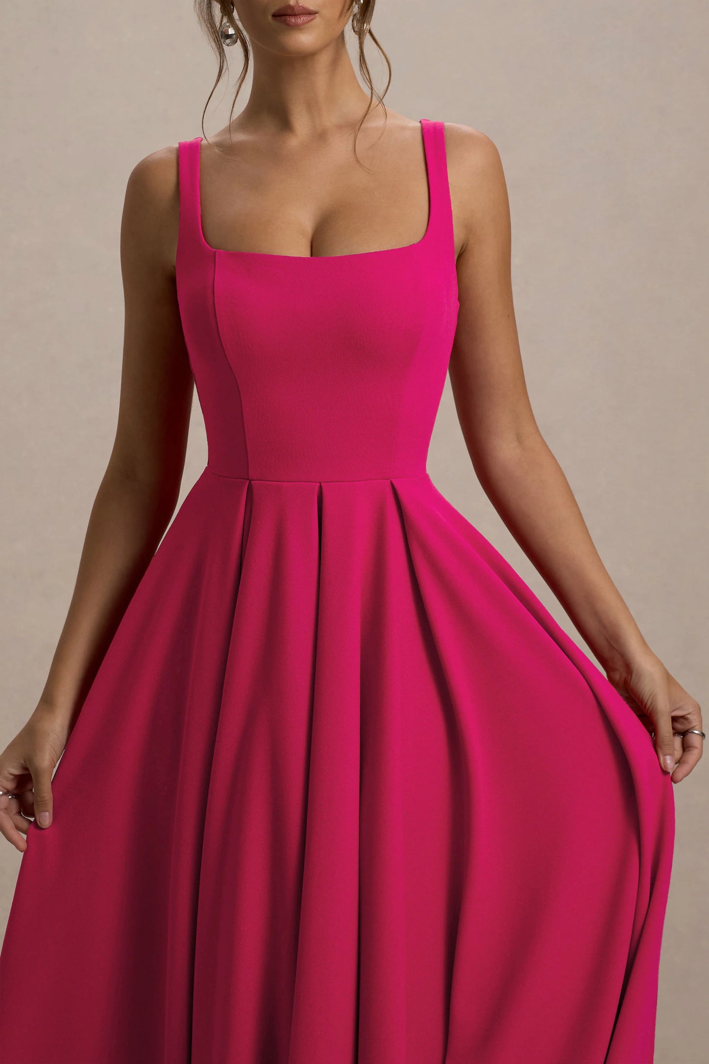 Parina Hot Pink Strappy Volume-Hem Midi Dress