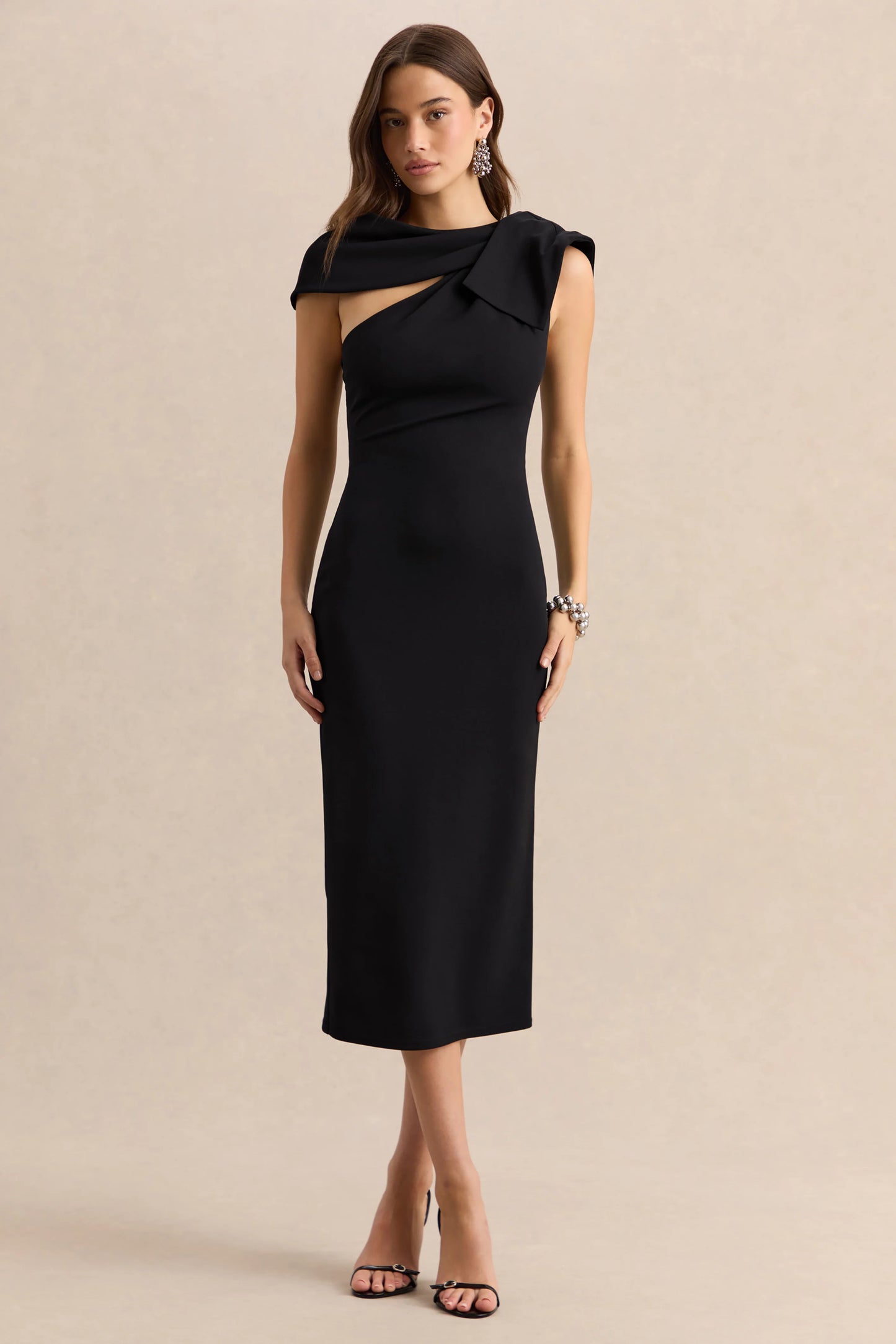 Clarina Black Asymmetric-Neck Midi Dress With Bow-Detail