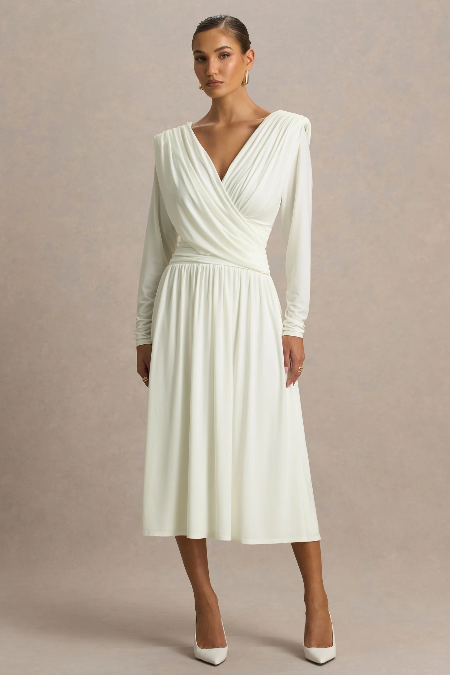 Alexis Cream Plunge-Neck Midi Dress With Draped And Ruched Detailing