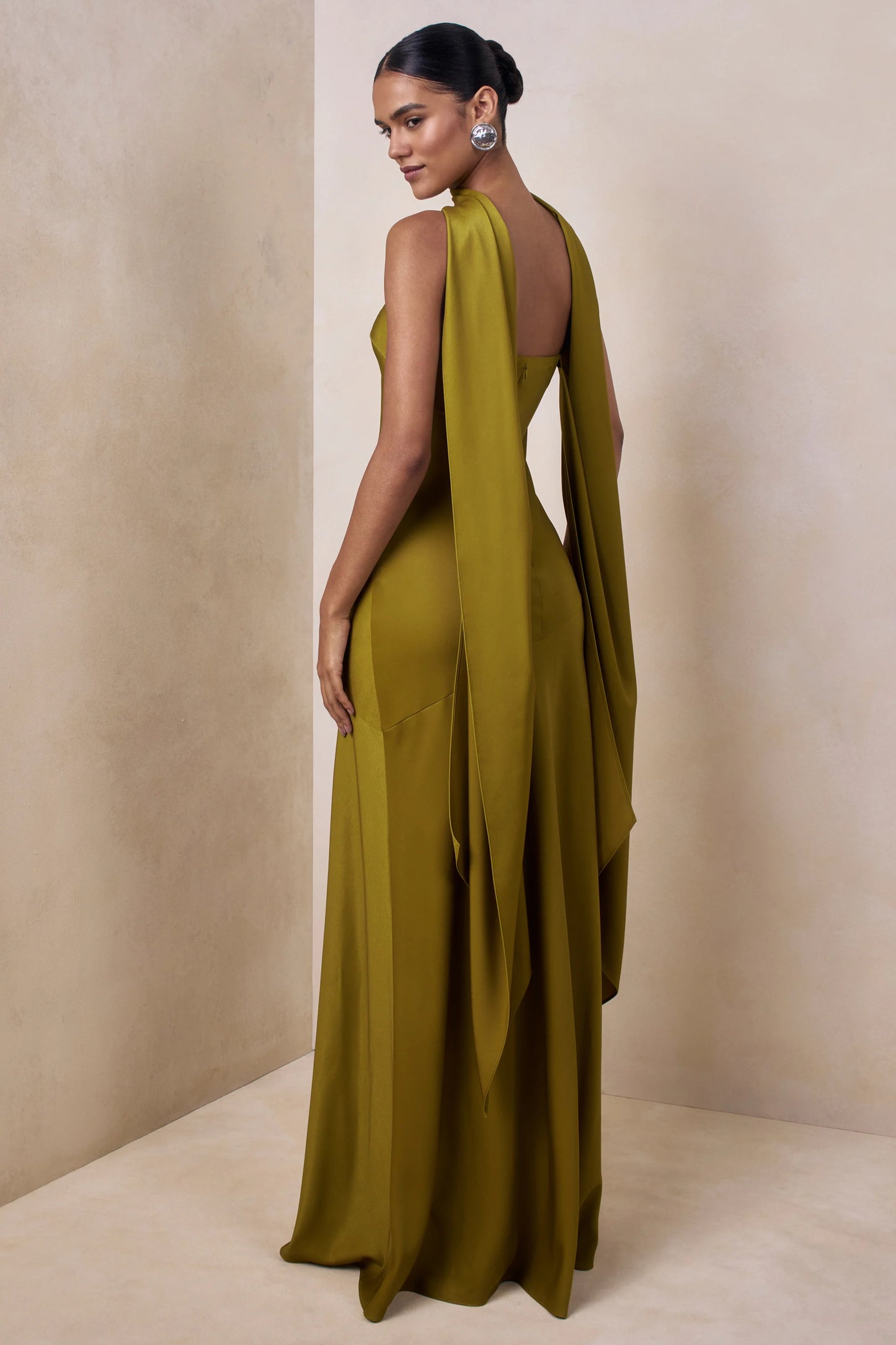 Charly Olive Matte Satin Bandeau Maxi Dress With Scarf-Detail