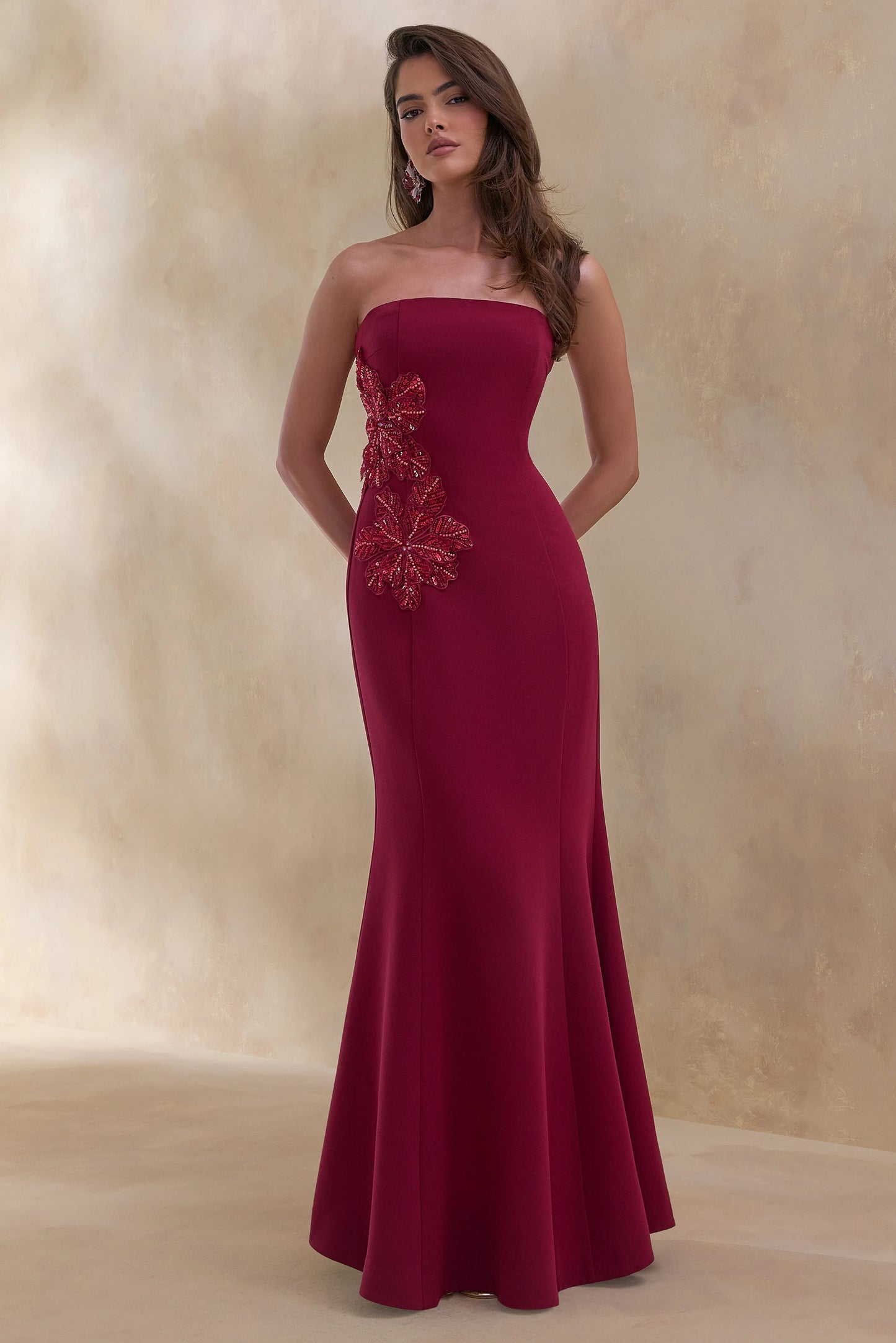Aylana Burgundy Bandeau Maxi Dress With Embellished Detail