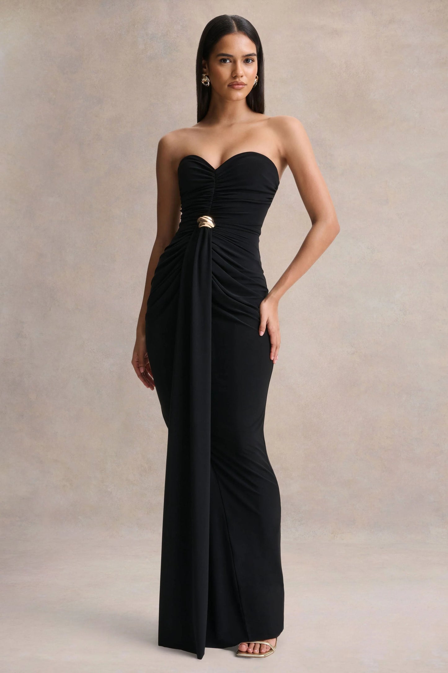Beverly Black Bandeau Maxi Dress With Gathered-Detailing
