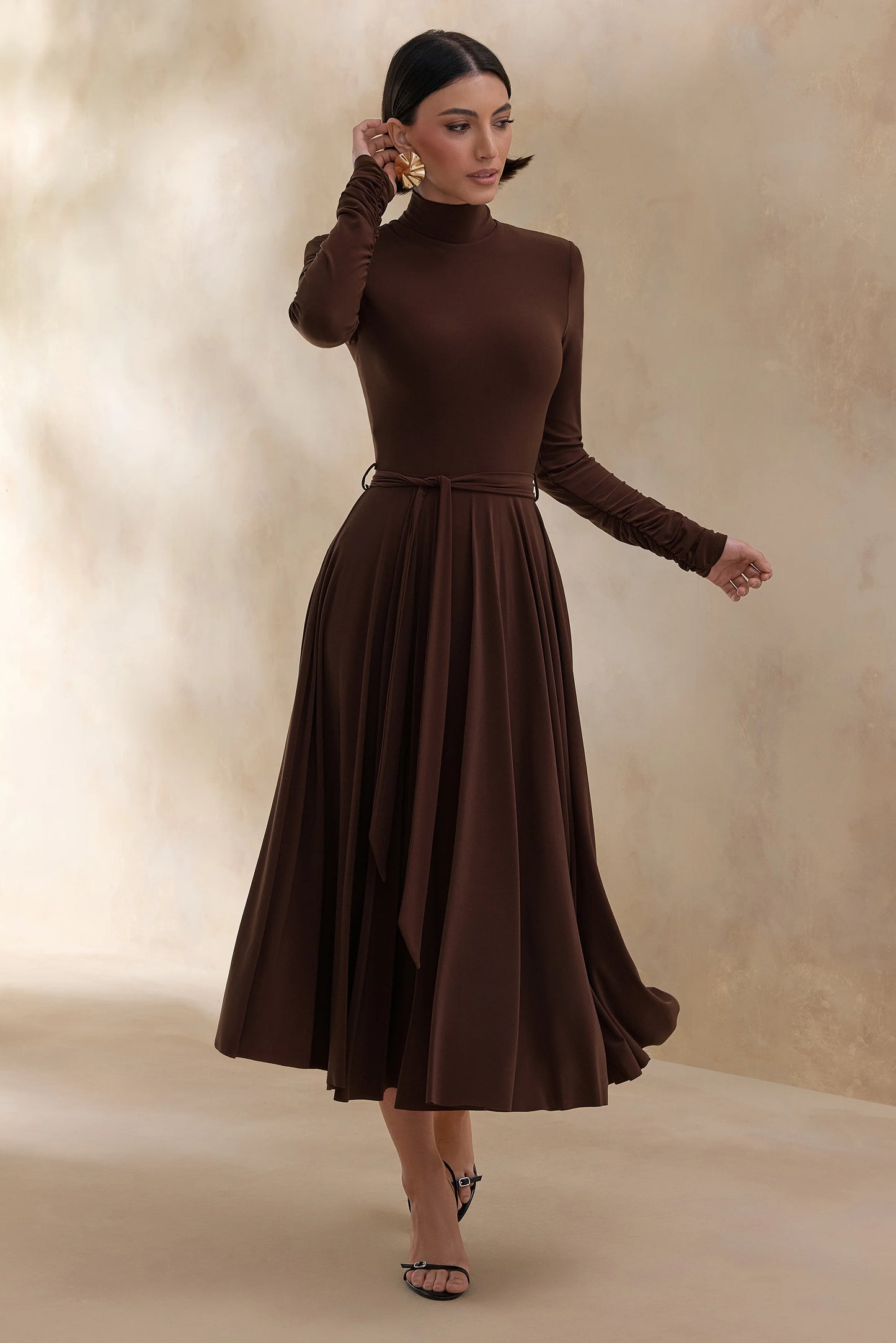 Opalia Brown High-Neck Belted Midi Dress