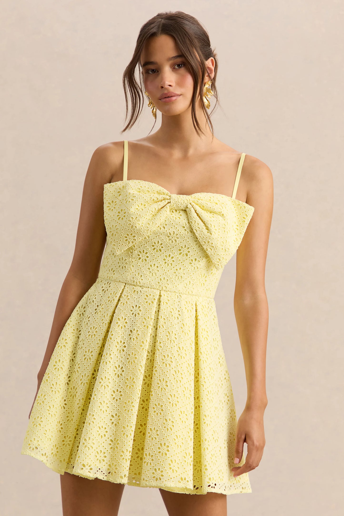 Elina Lemon Square-Neck Mini Dress With Bow Detail