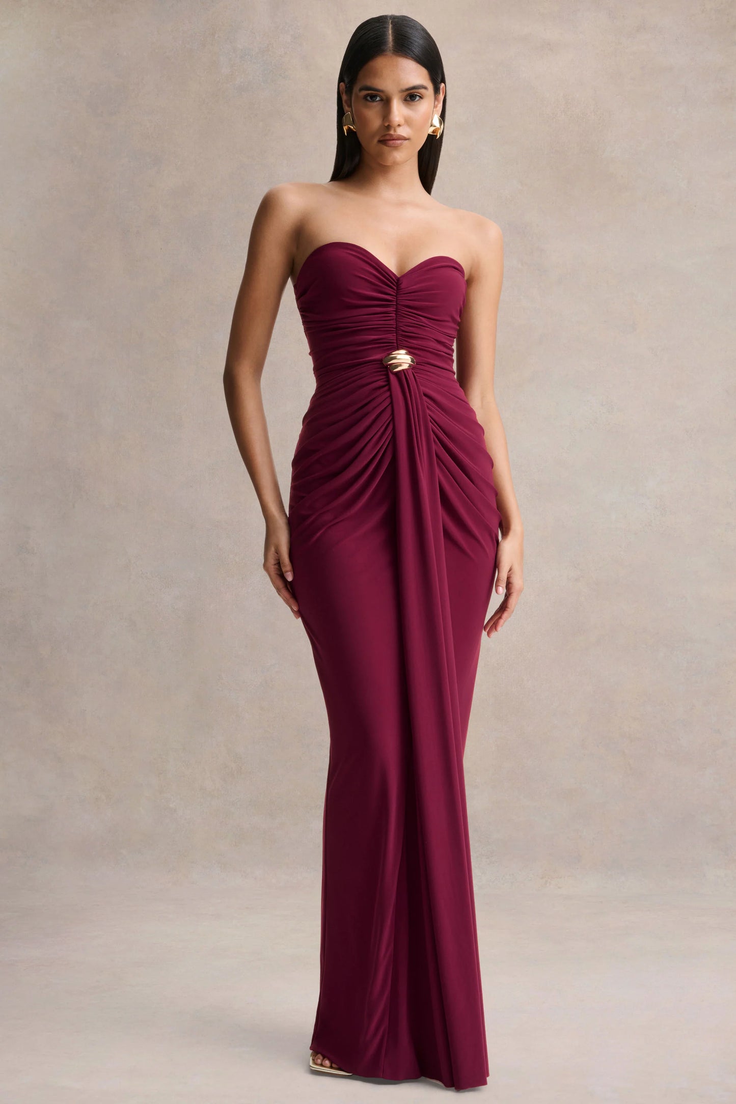 Beverly Burgundy Bandeau Maxi Dress With Gathered-Detailing