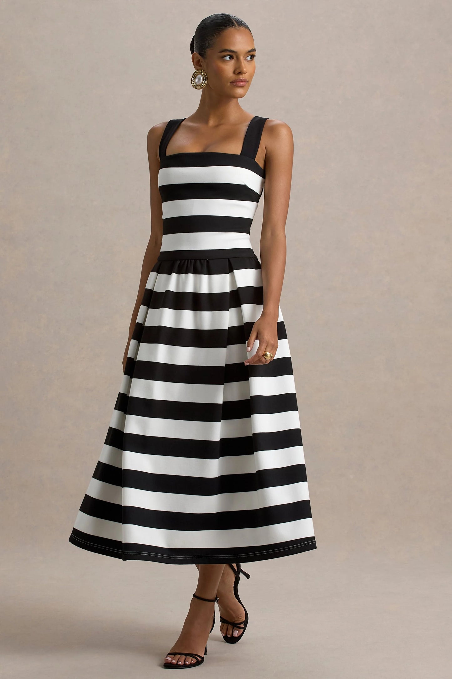 Monte Carlo Black & White Striped Square-Neck Drop-Waist Midi Dress
