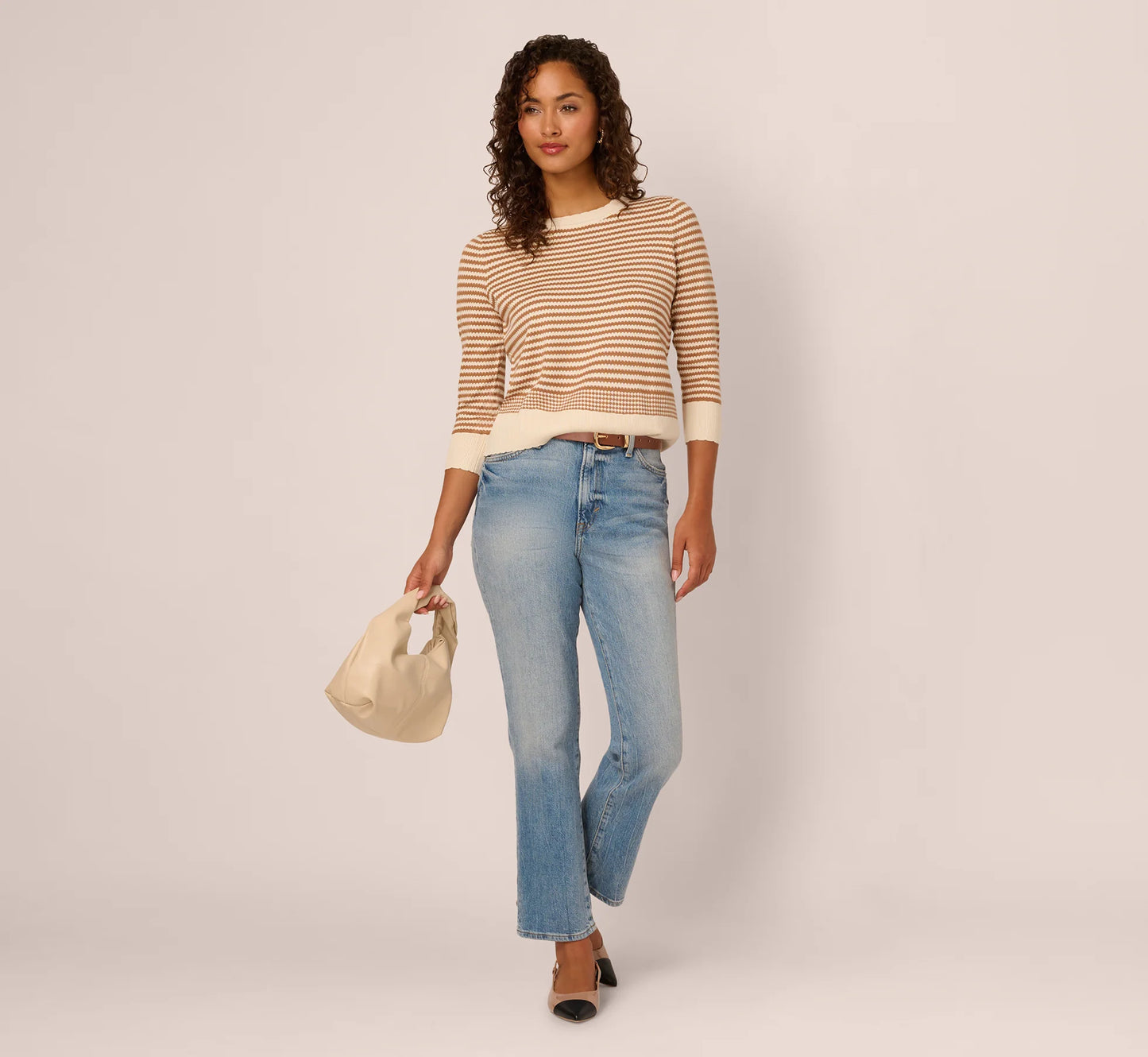 Three Quarter Sleeve Stripe Knit Sweater Top In Cream Camel