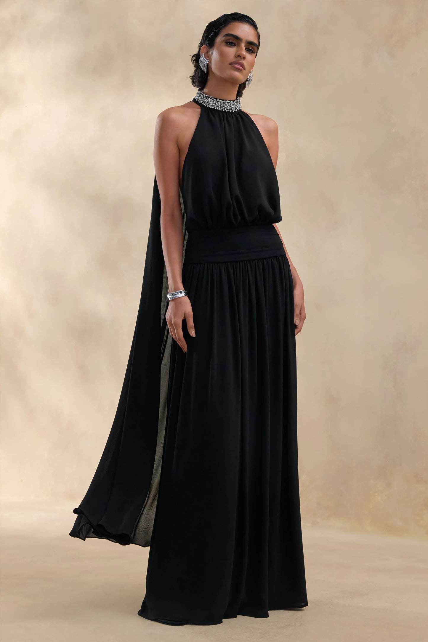 Marie Black Halter-Neck Maxi Dress With Embellished Detailing