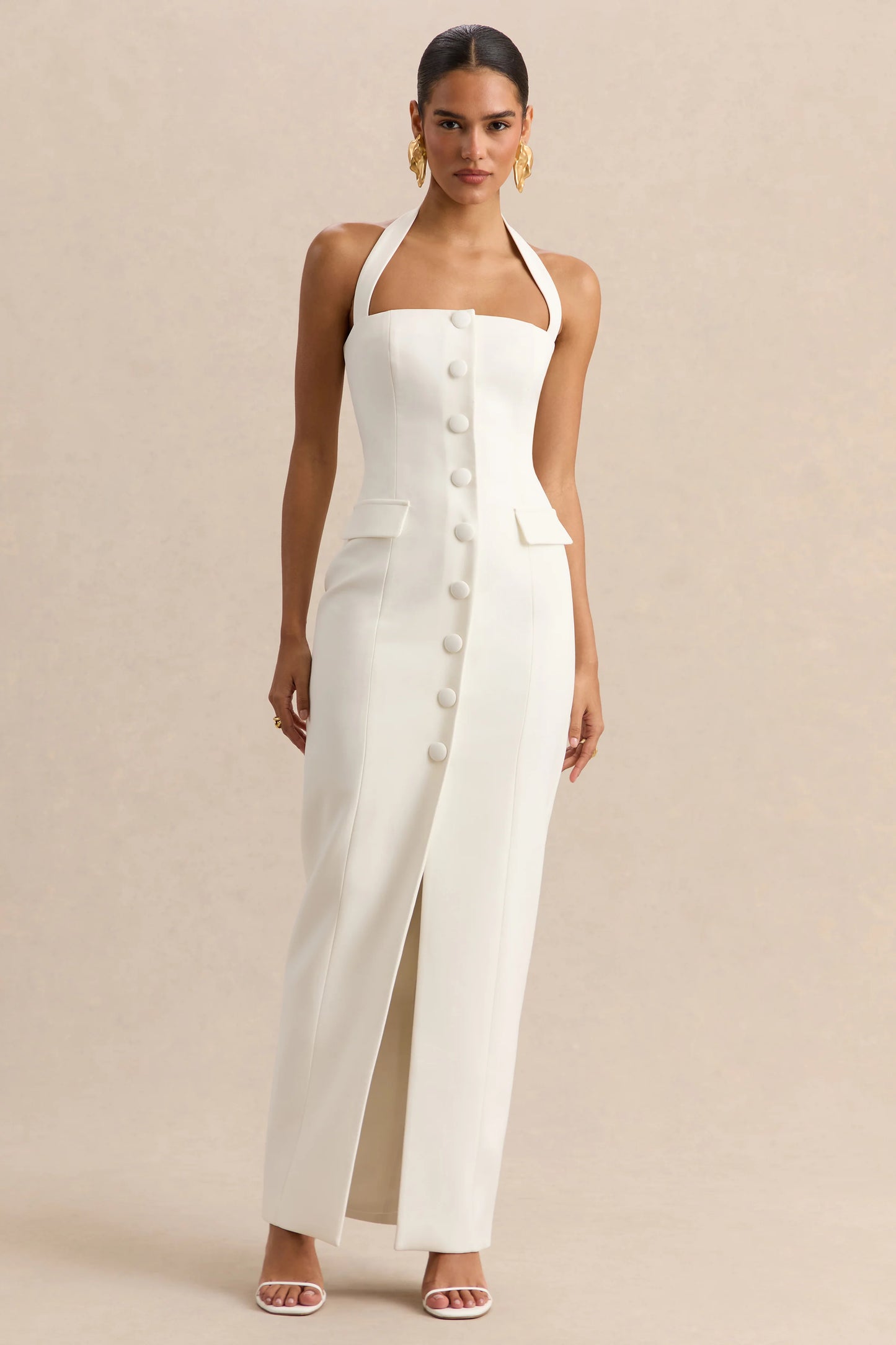Steph White Halter-Neck Tailored Maxi Dress