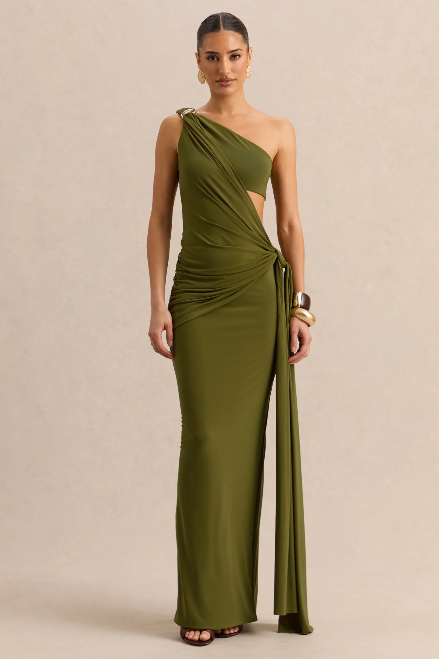 Clarosia Green Asymmetric-Neck Maxi Dress With Cut-Out With Sash