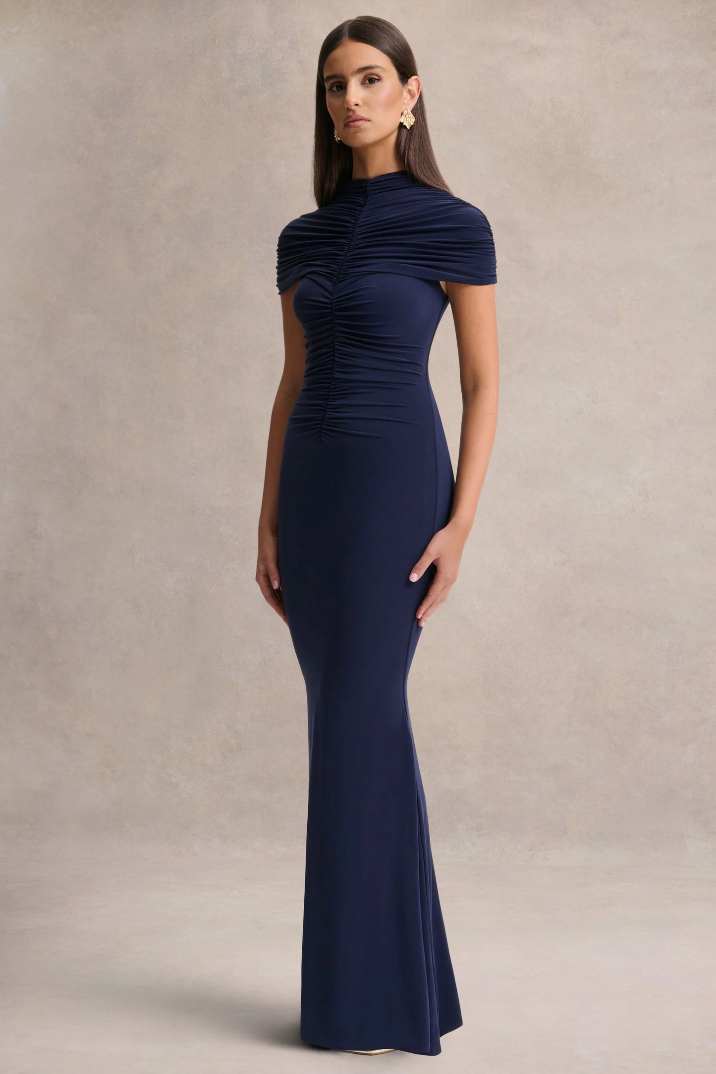 Azaria Navy High-Neck Maxi Dress With Ruched Detailing