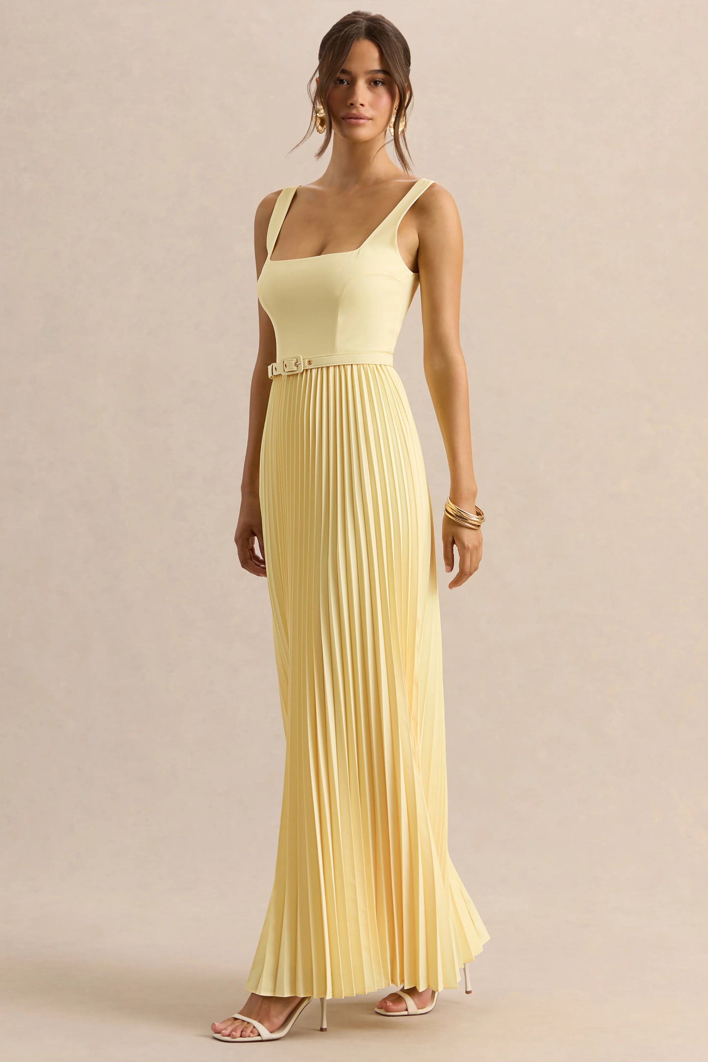 Danika Lemon Square-Neck Belted Maxi Dress With Pleated Skirt