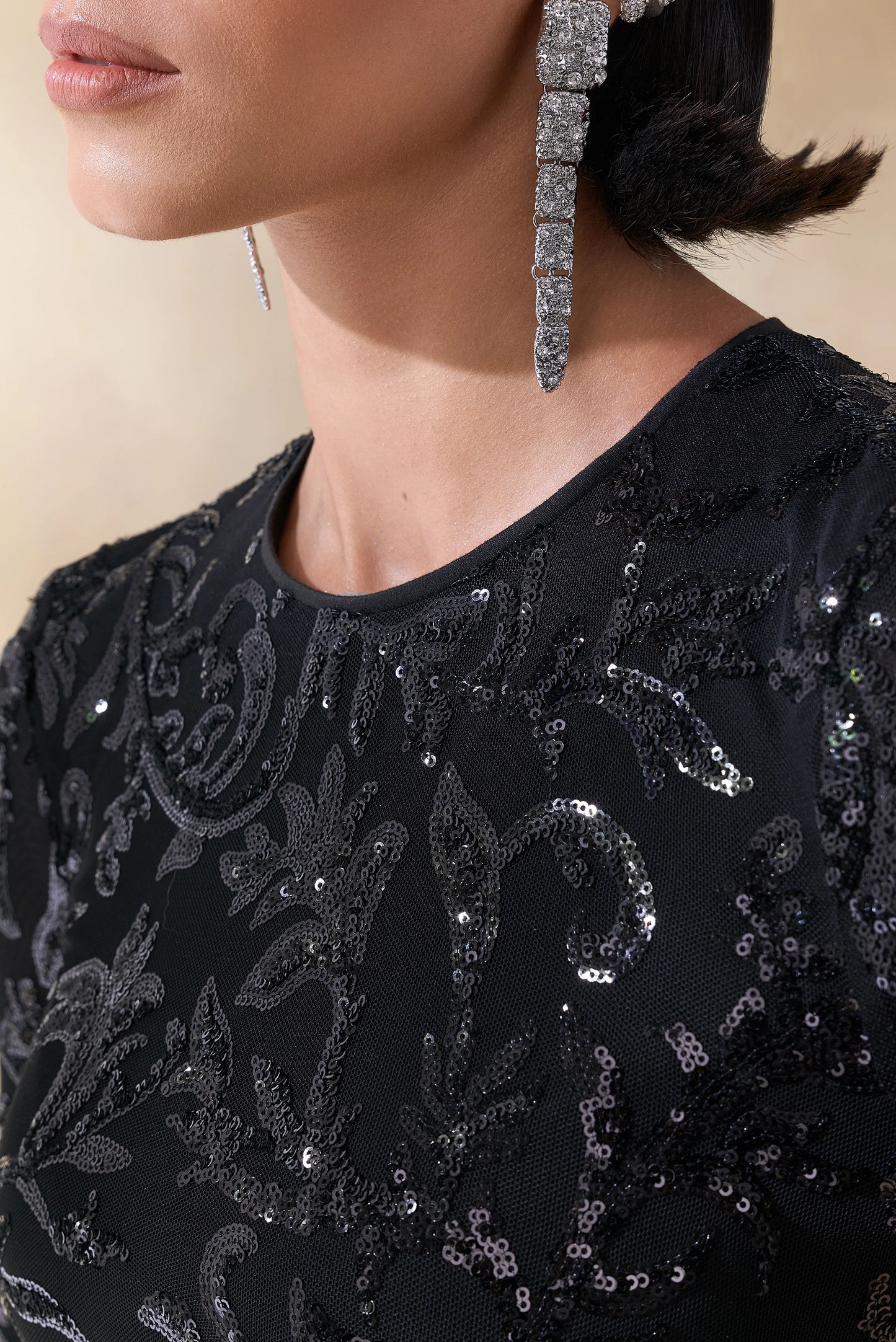Stellar Black Embellished Lace High-Neck Maxi Dress With Long Sleeves