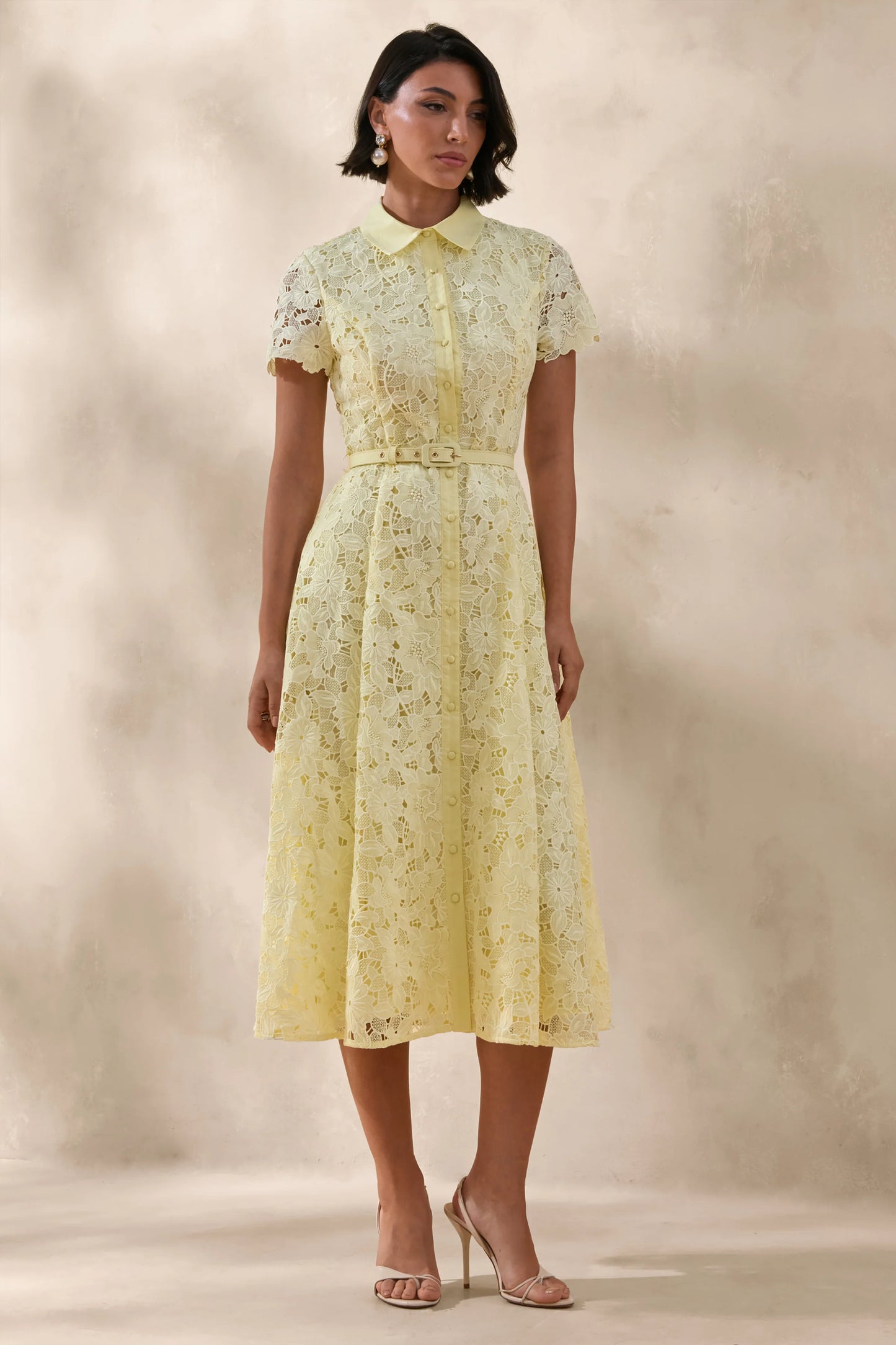Zalie Yellow Lace High-Neck Belted Midi Dress