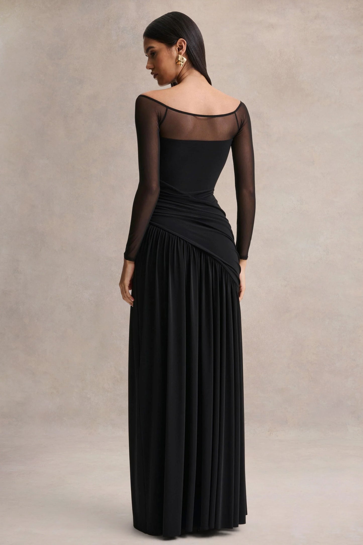 Bexley Black Bardot-Neck Draped Maxi Dress With Long Mesh-Sleeves