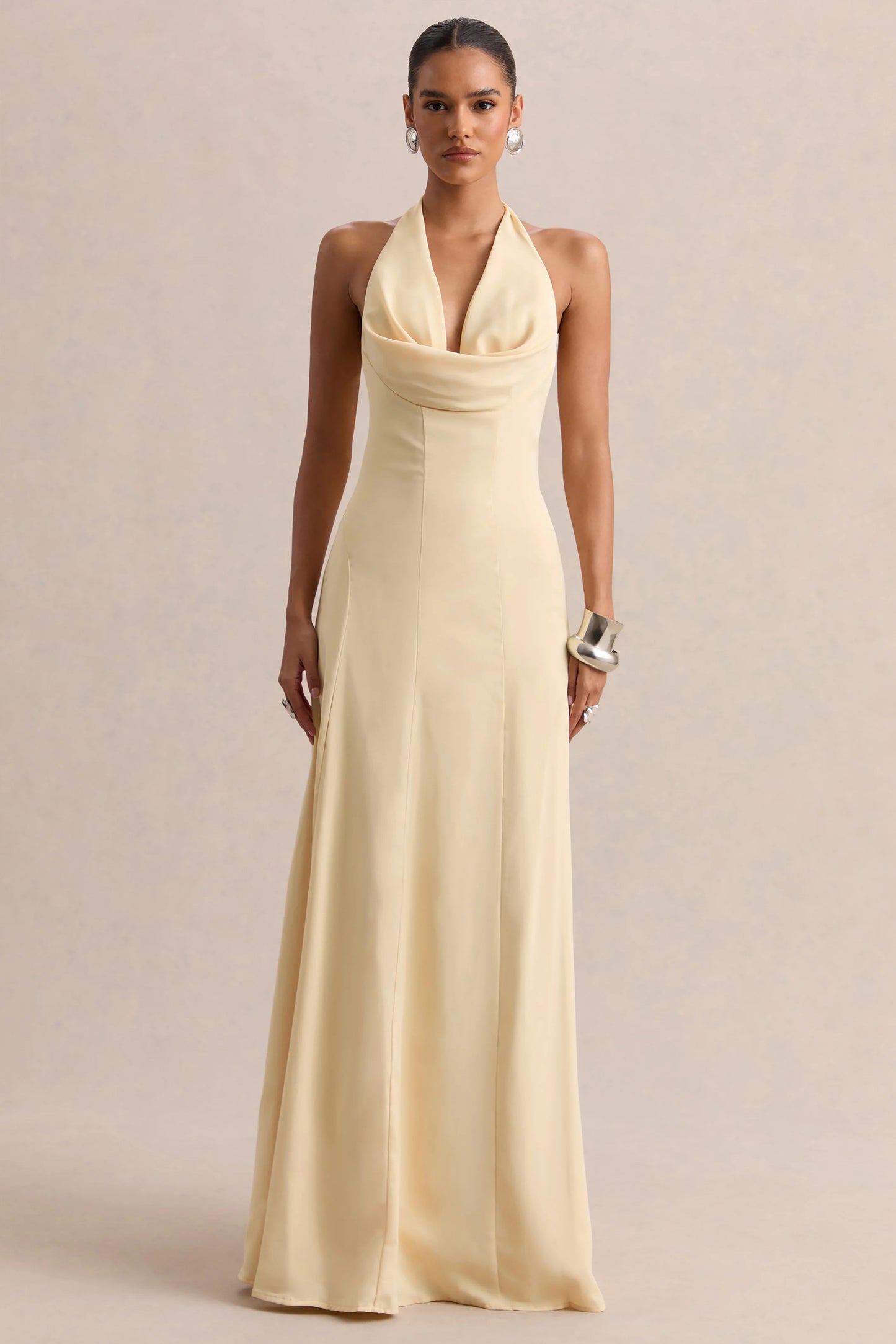 Undeniable Lemon Cowl-Neck Draped Maxi Dress