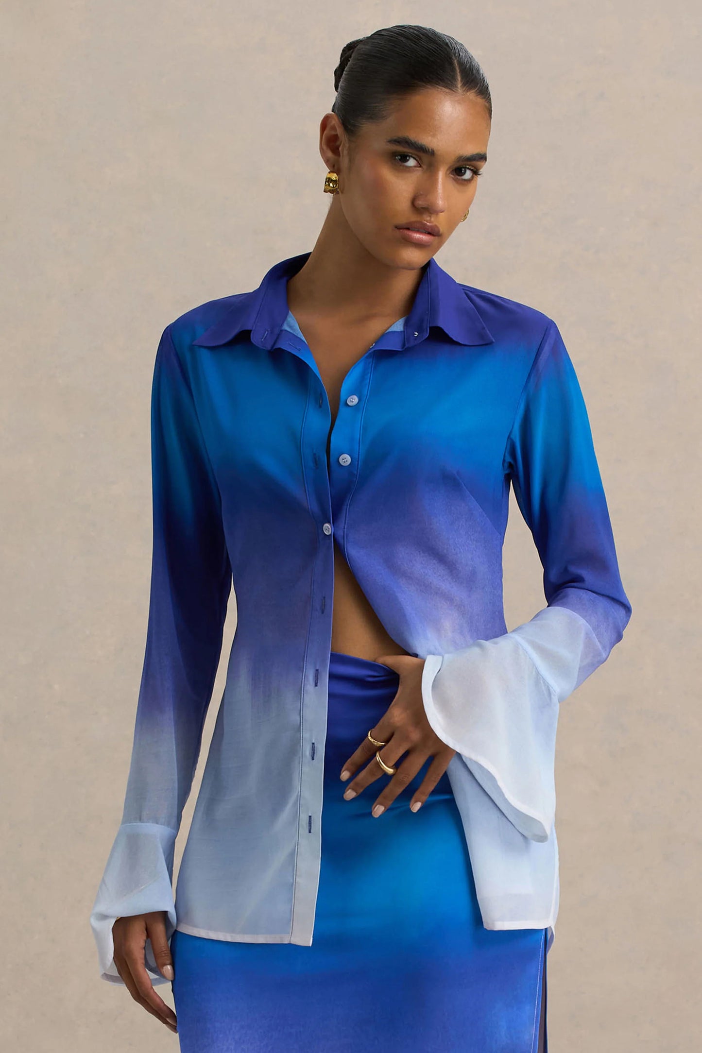 Tahiti Blue Ombre Flared-Sleeve Shirt