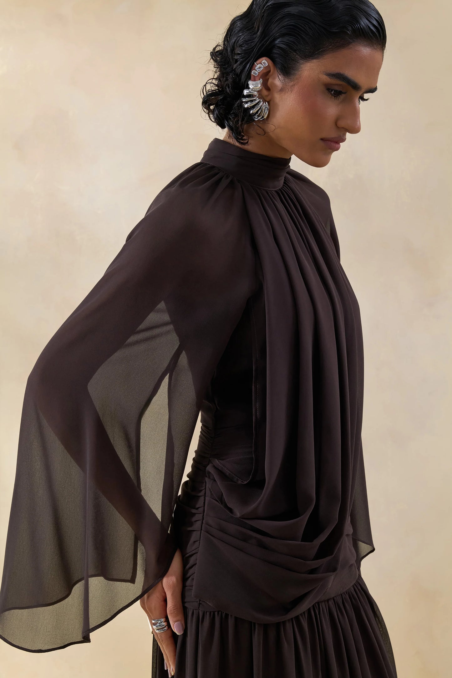 Narella Brown Chiffon High-Neck Maxi Dress With Draped-Detailing