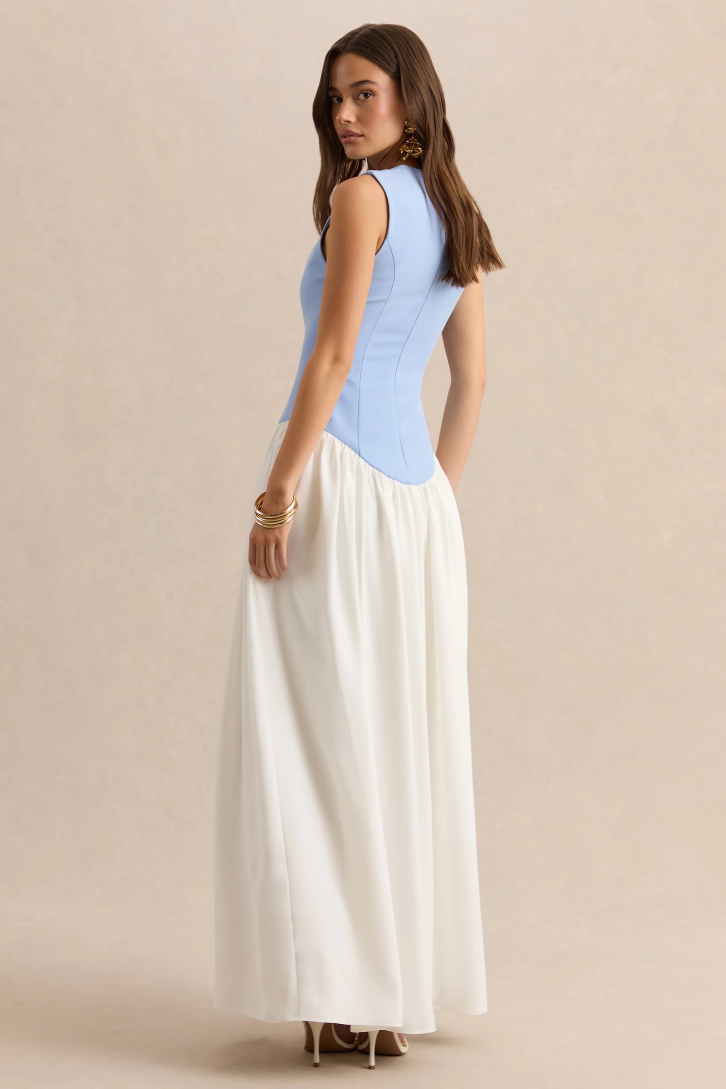 Iliana Powder Blue And White Crew-Neck Maxi Dress With Drop-Waist And Pleated Skirt