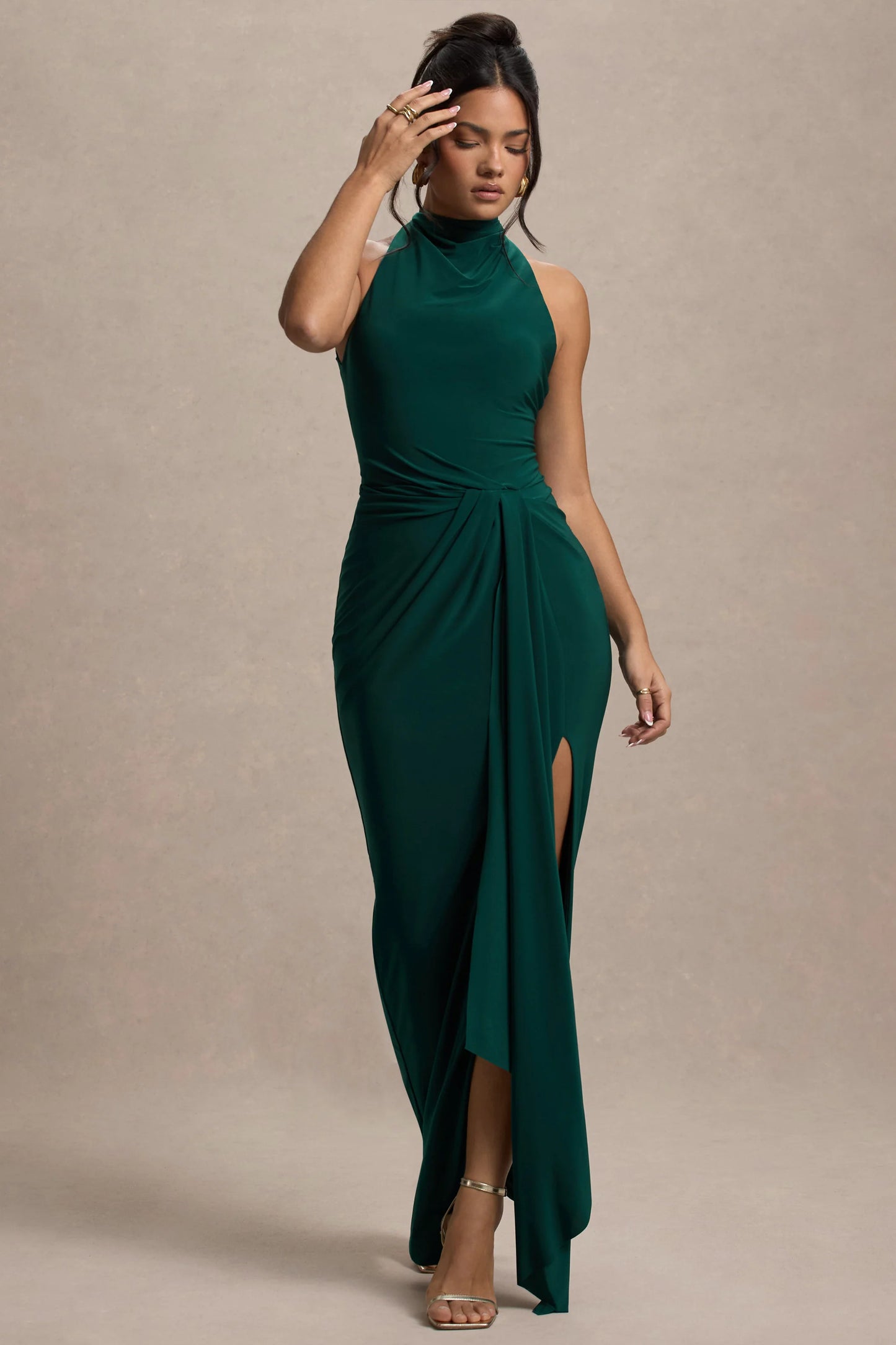 Khari Bottle Green High-Neck Twisted Maxi Dress With Drape