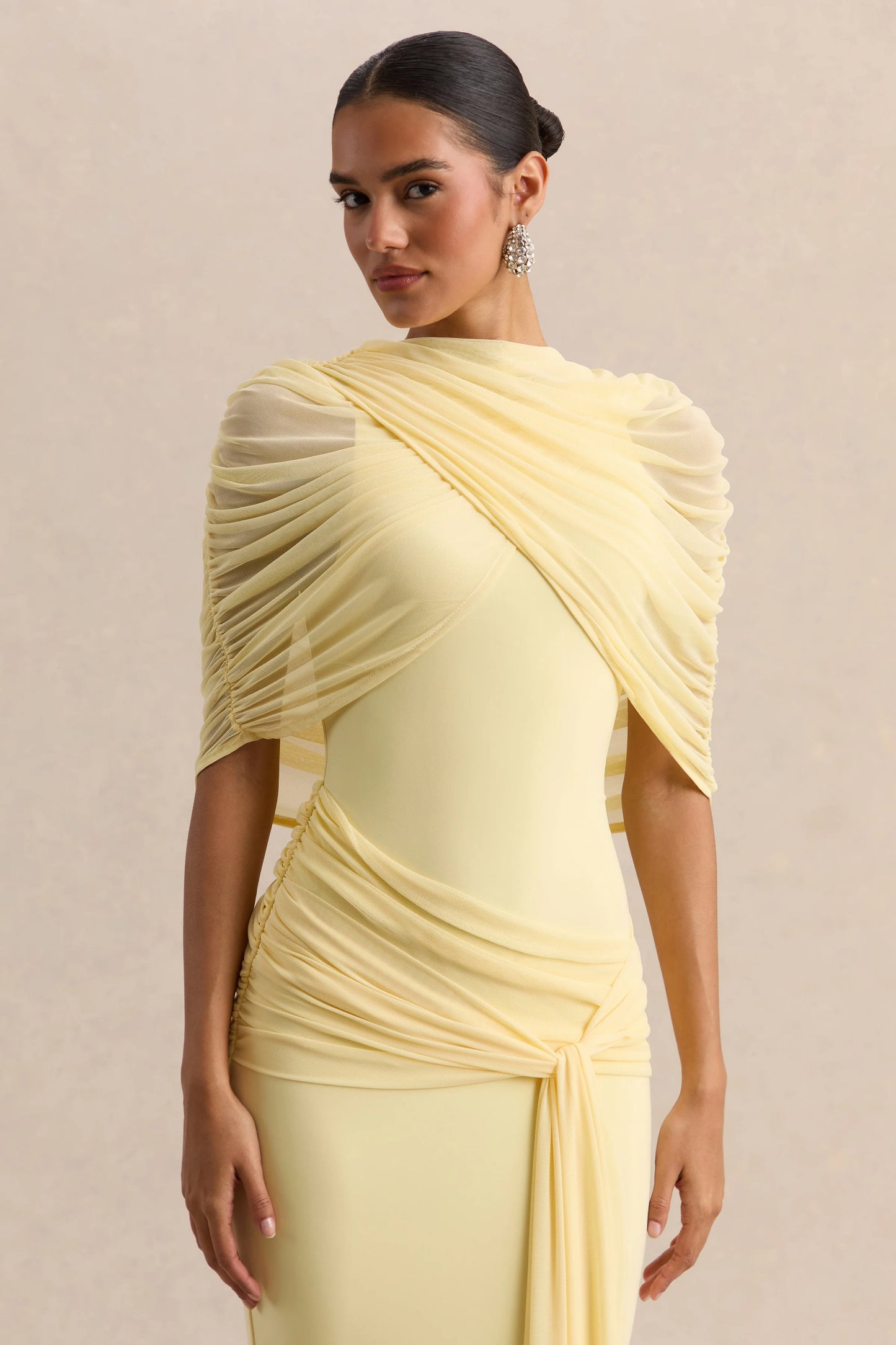 Mirene Lemon Round-Neck Maxi-Dress With Gathered-Detailing And Sash