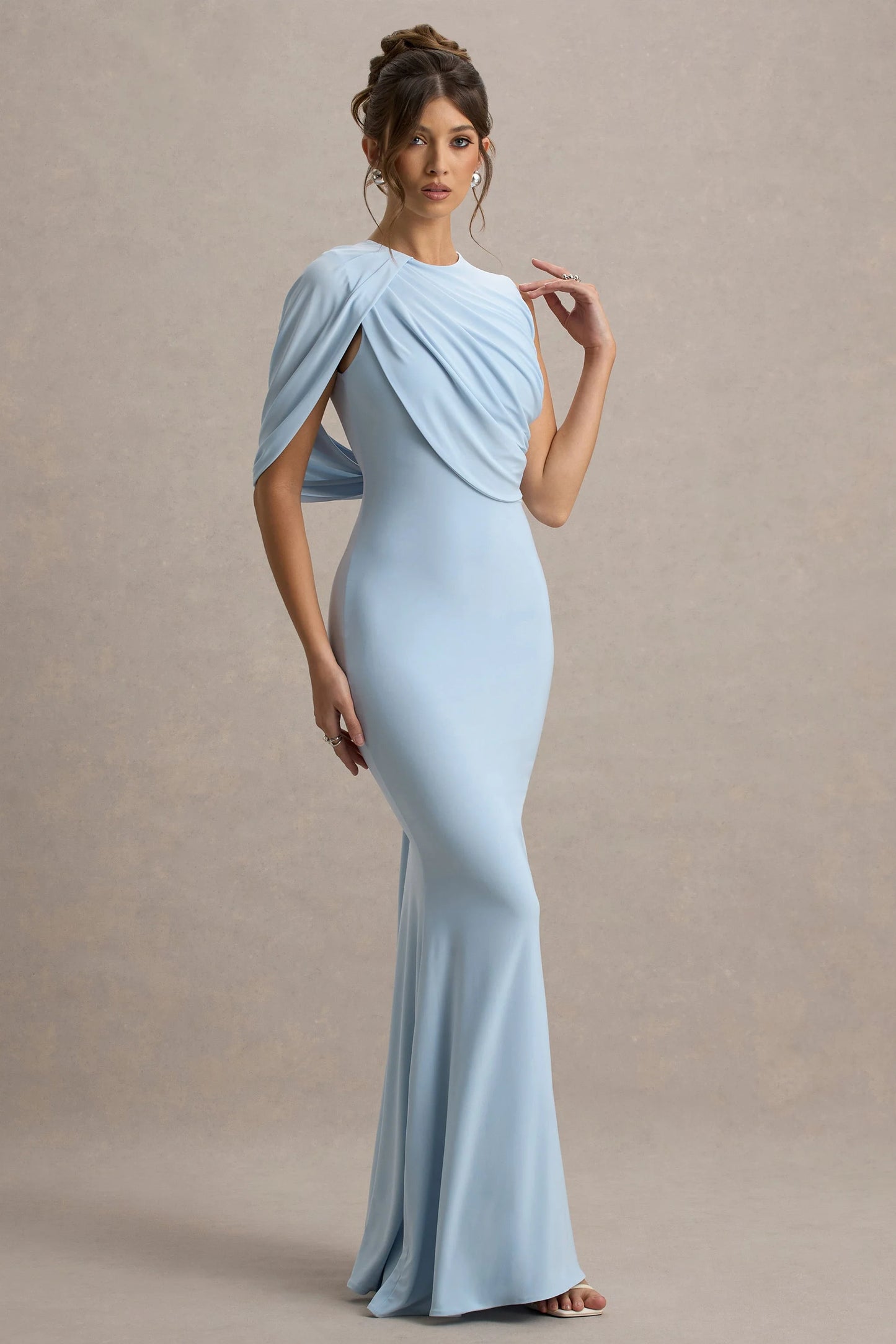 Rae Powder Blue Maxi Dress With One-Sleeve Cape